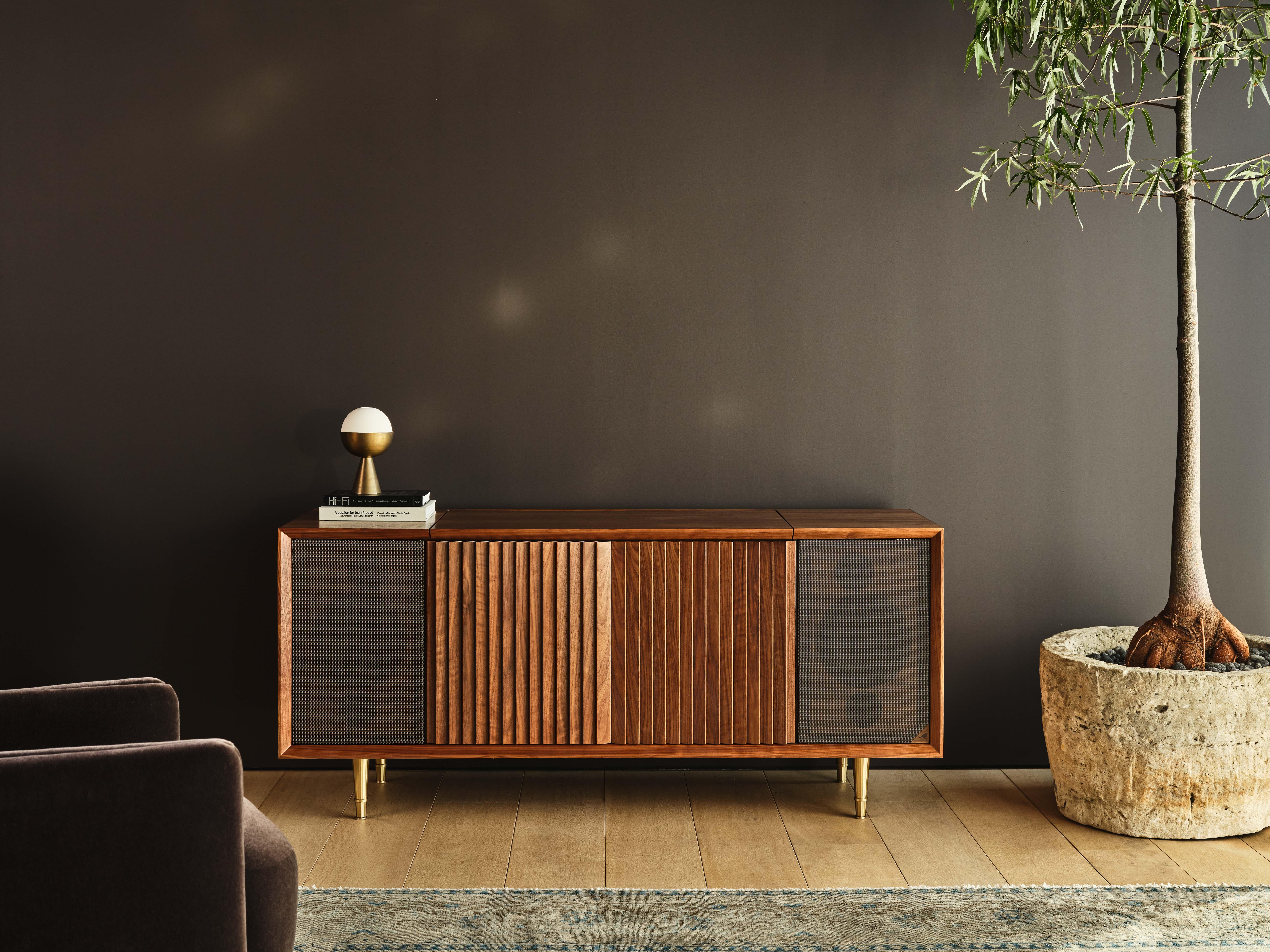 Contemporary Wrensilva M1 Record Player Console in Natural Walnut / Brass For Sale