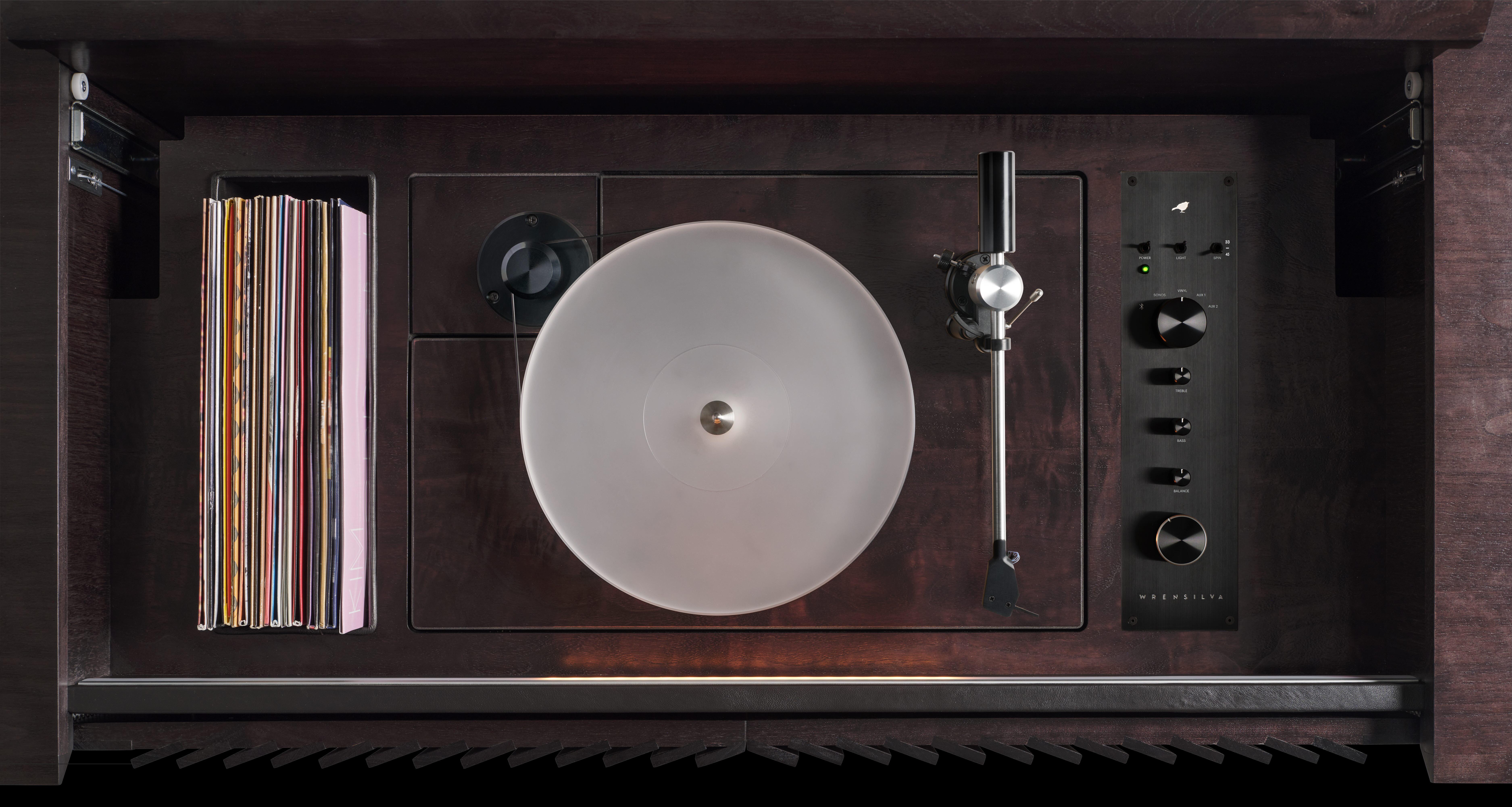 Aluminum Wrensilva M1 Record Player Console in Tobacco Walnut For Sale