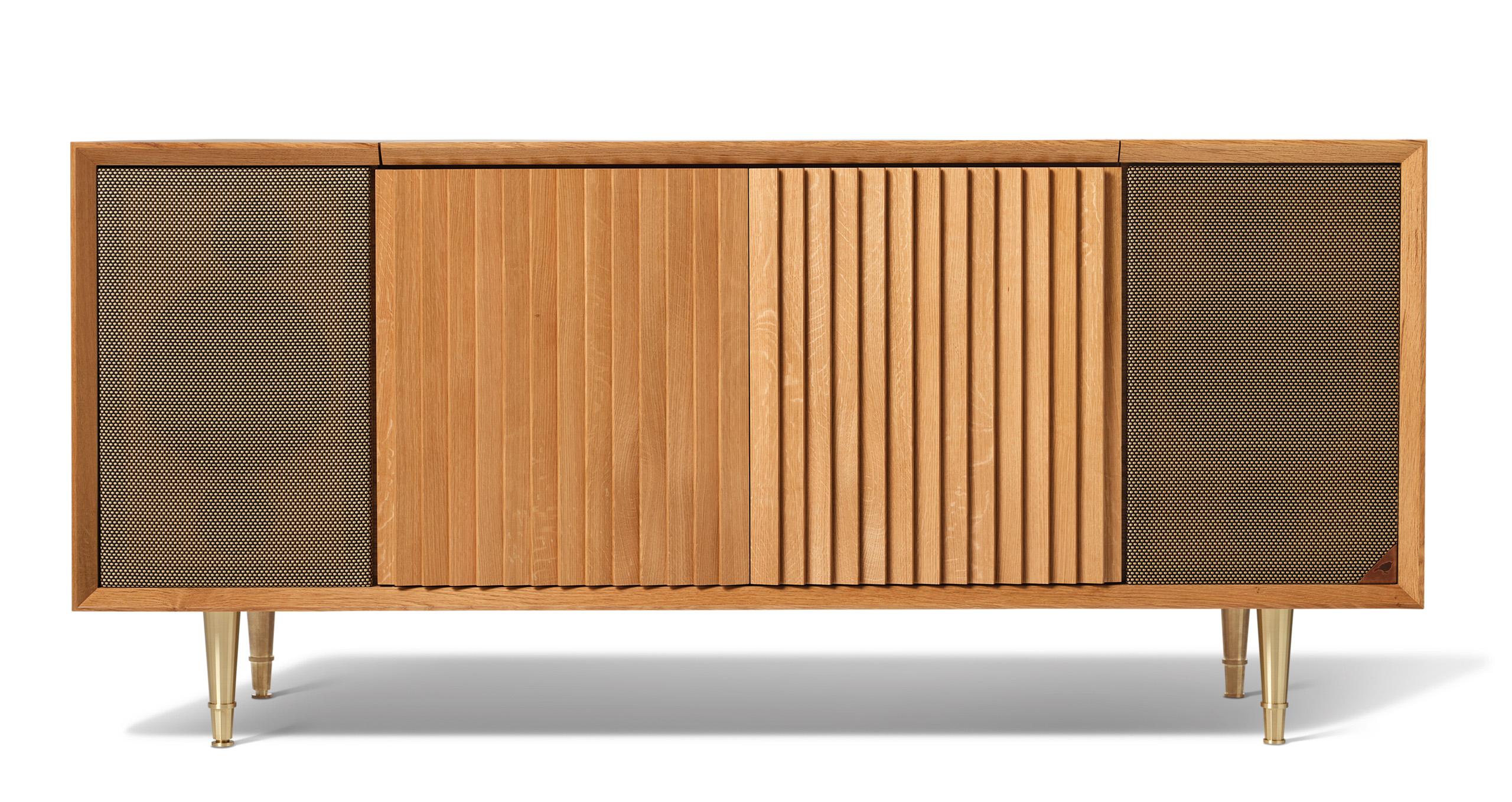 Américain Whitingilva M1 Console tourne-disque en Oak Oak blanc et laiton en vente