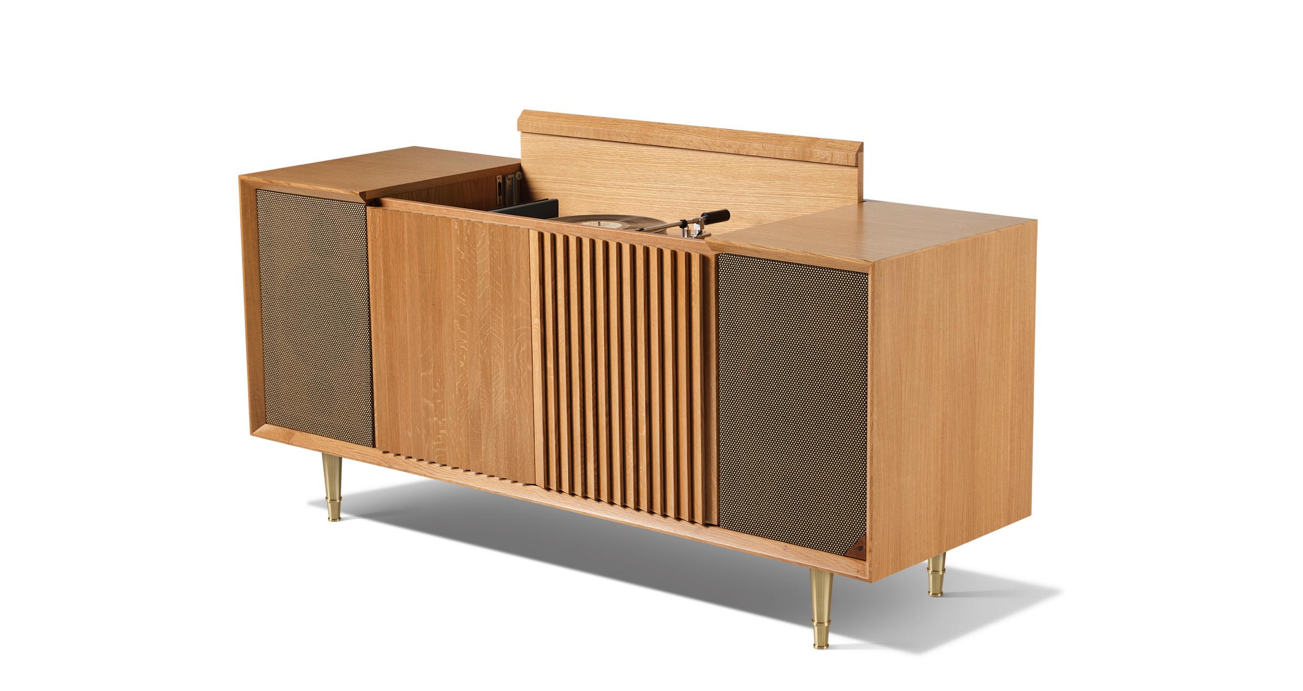 Fait main Whitingilva M1 Console tourne-disque en Oak Oak blanc et laiton en vente