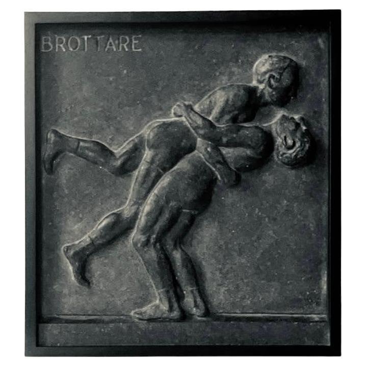 "Wrestlers", Mid Century Relief Sculpture in Stone, 10.4 x 11.4 in For Sale
