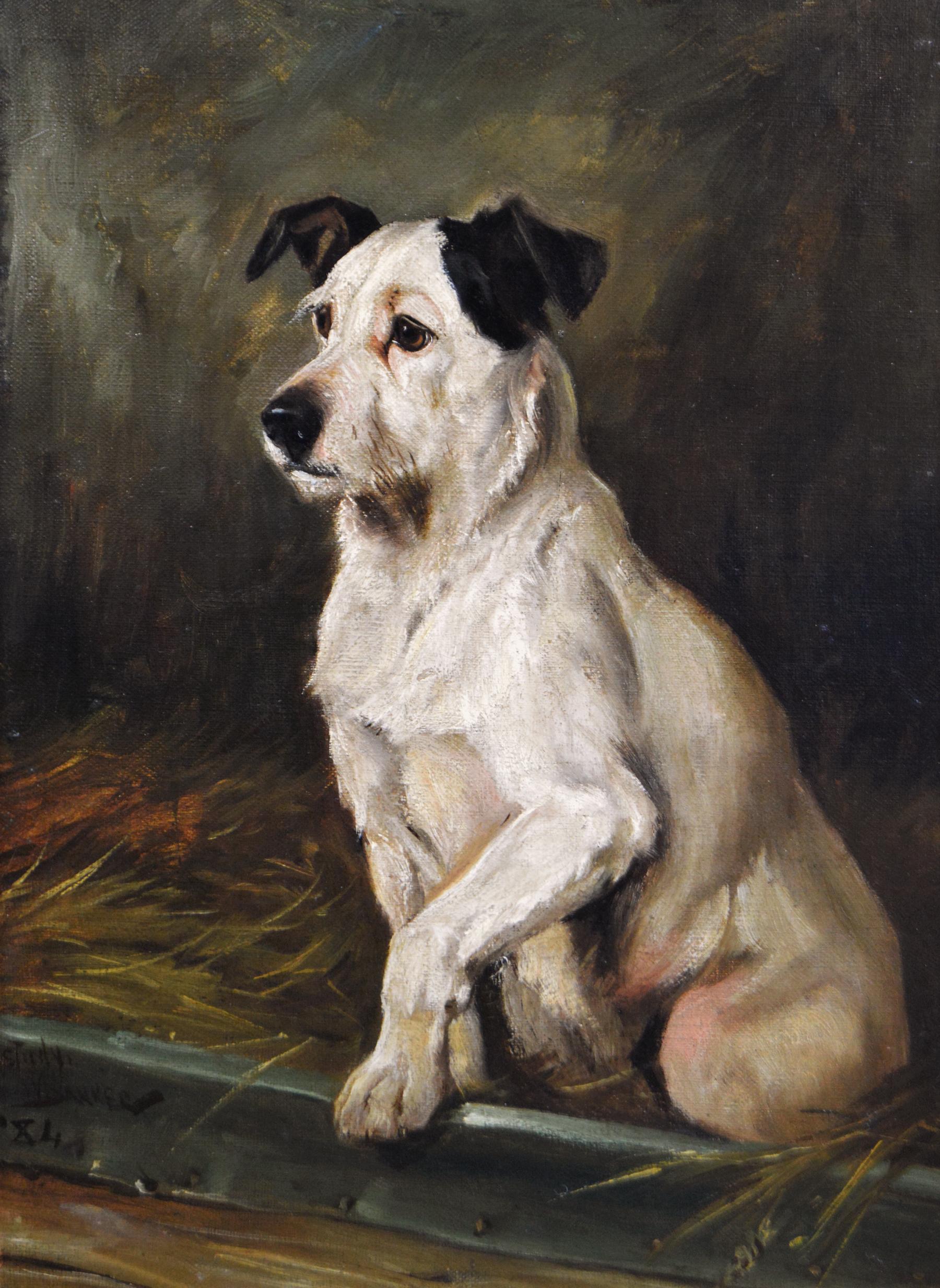 19th Century dog portrait oil painting of a Terrier  - Painting by Wright Barker