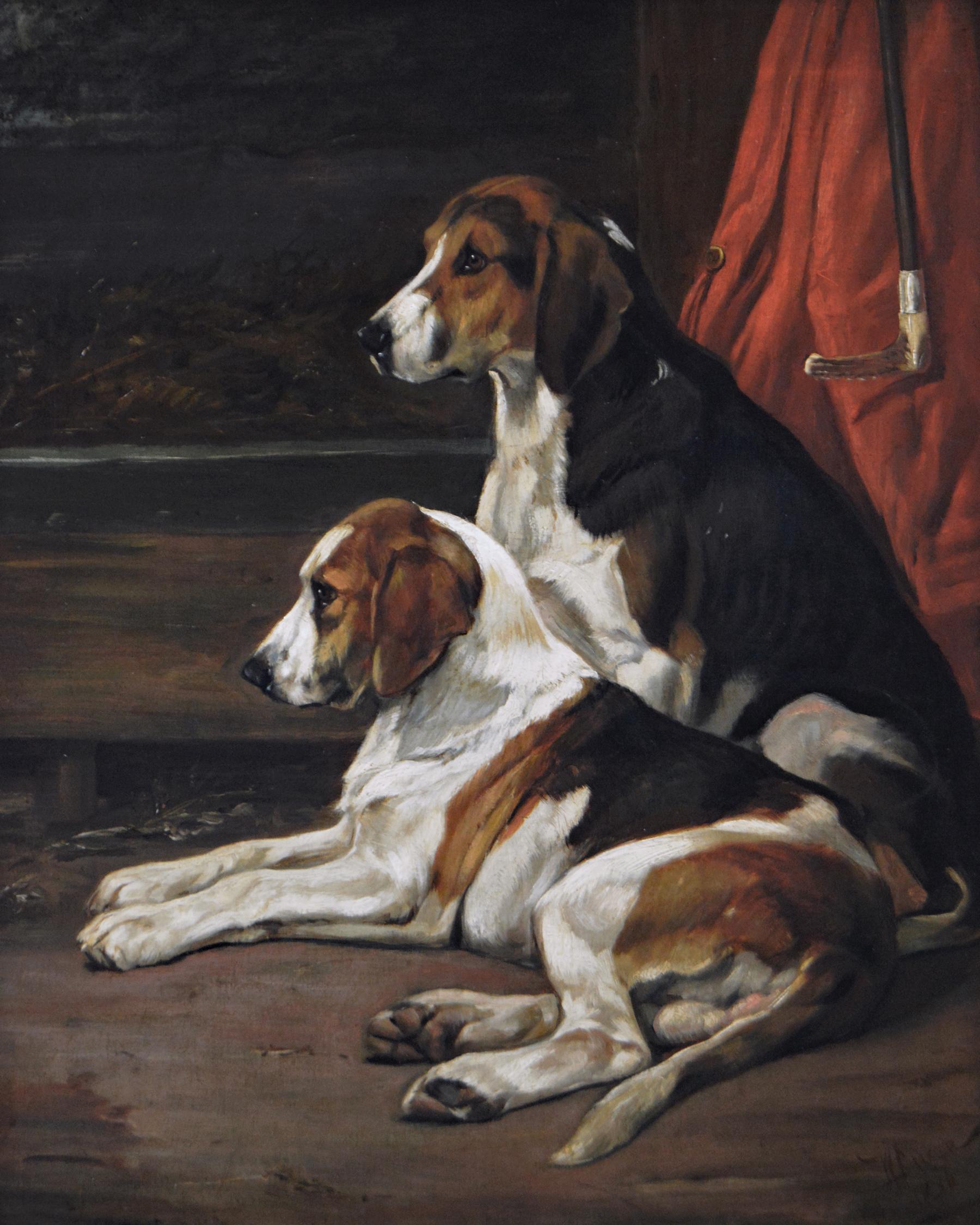 19th Century sporting dog portrait oil painting of foxhounds - Painting by Wright Barker