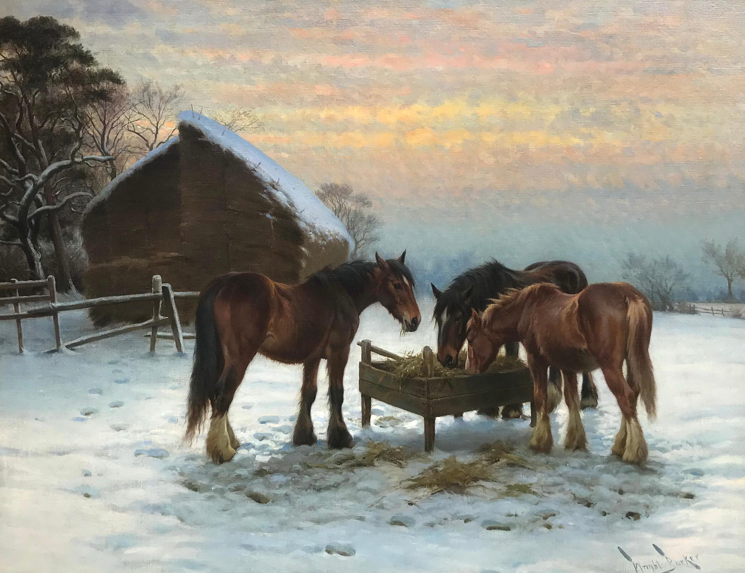 Feeding Horses - Painting by Wright Barker