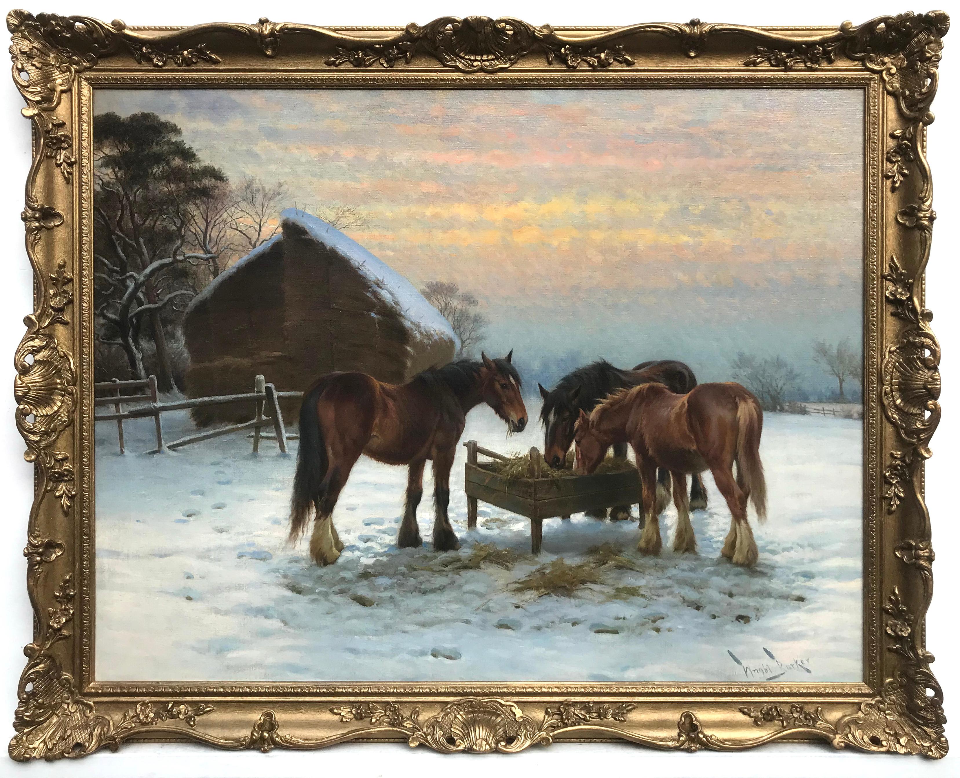 Wright Barker Landscape Painting - Feeding Horses