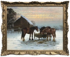 Feeding Horses Oil Painting, Romantic Style, Early 20th Century