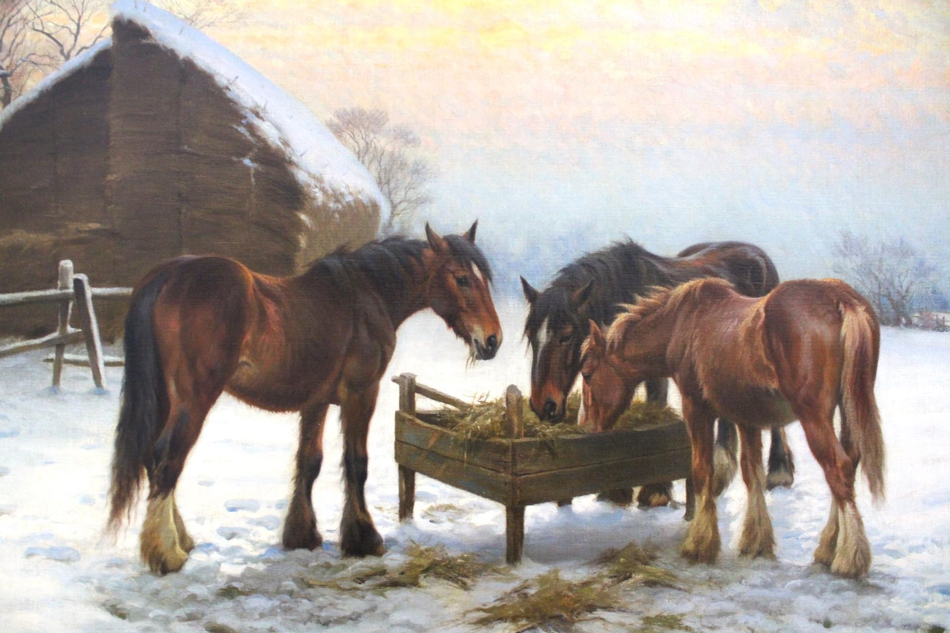 Landscape Painting Wright Barker - Nourrir les chevaux Peinture à l'huile, style romantique, début du 20e siècle