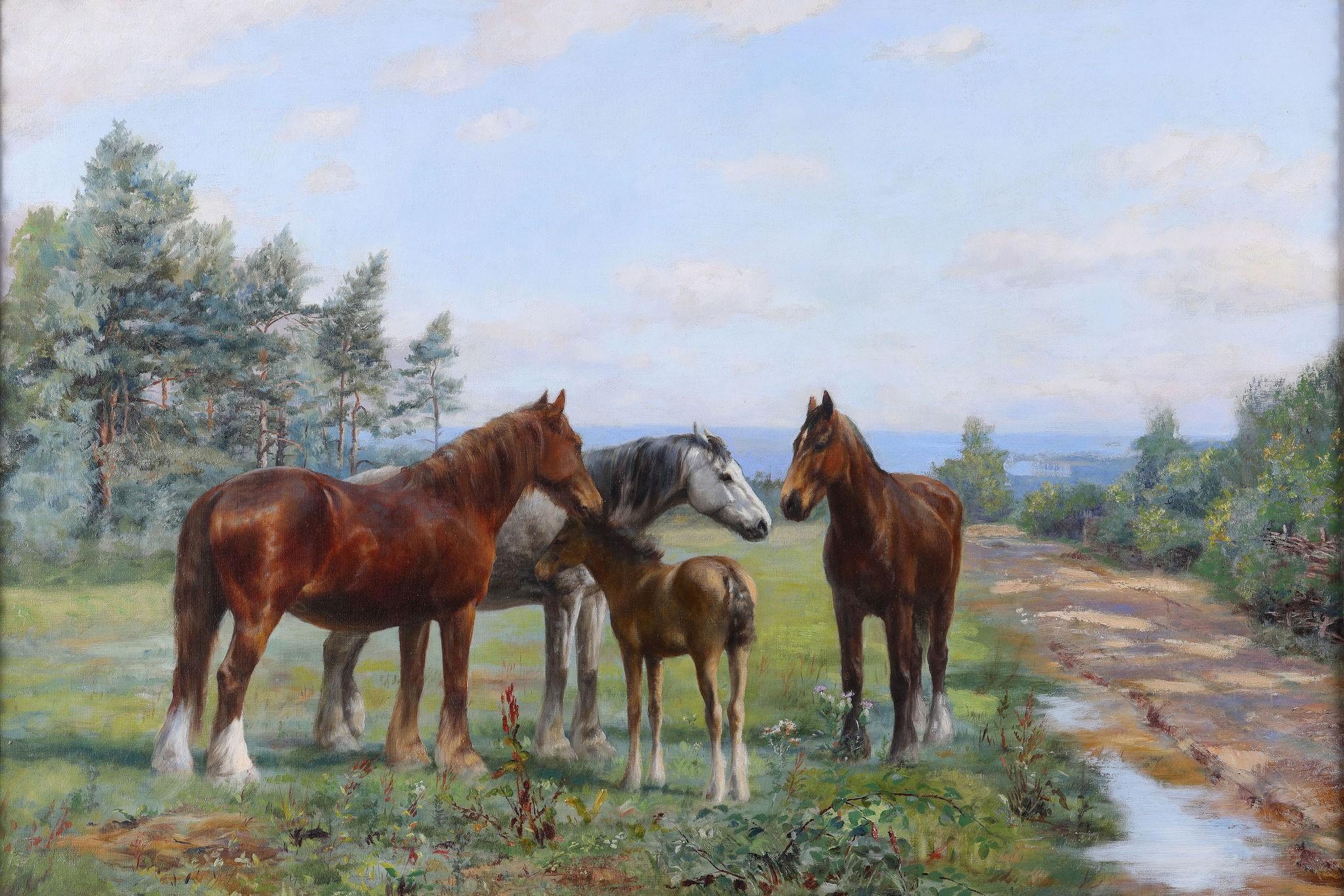 Three horses and a Foal - Painting by Wright Barker
