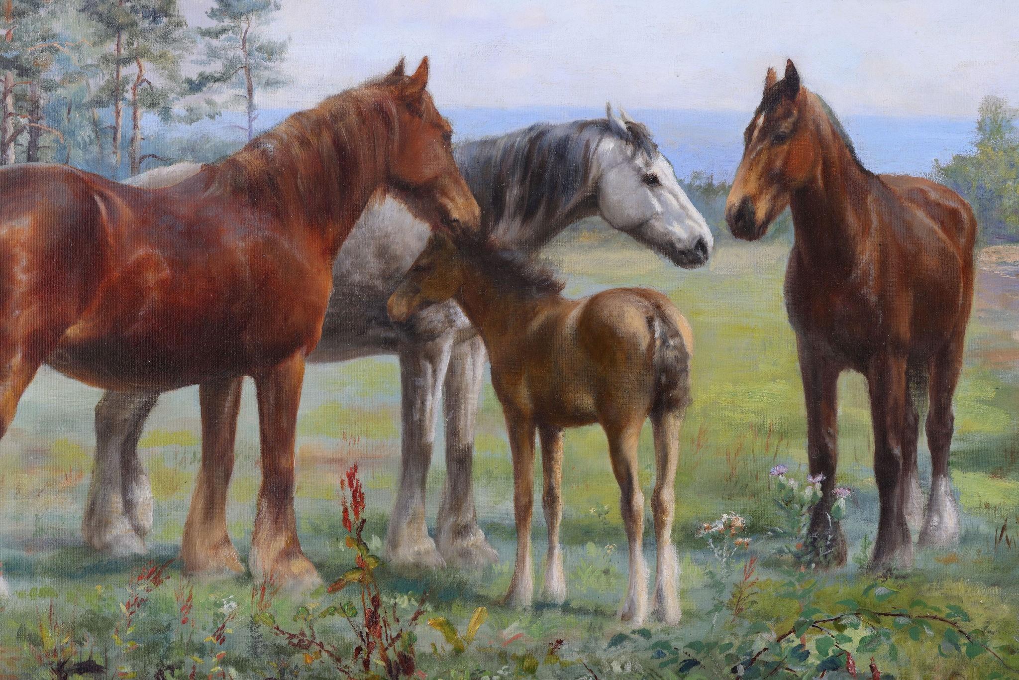 Three horses and a Foal - Victorian Painting by Wright Barker