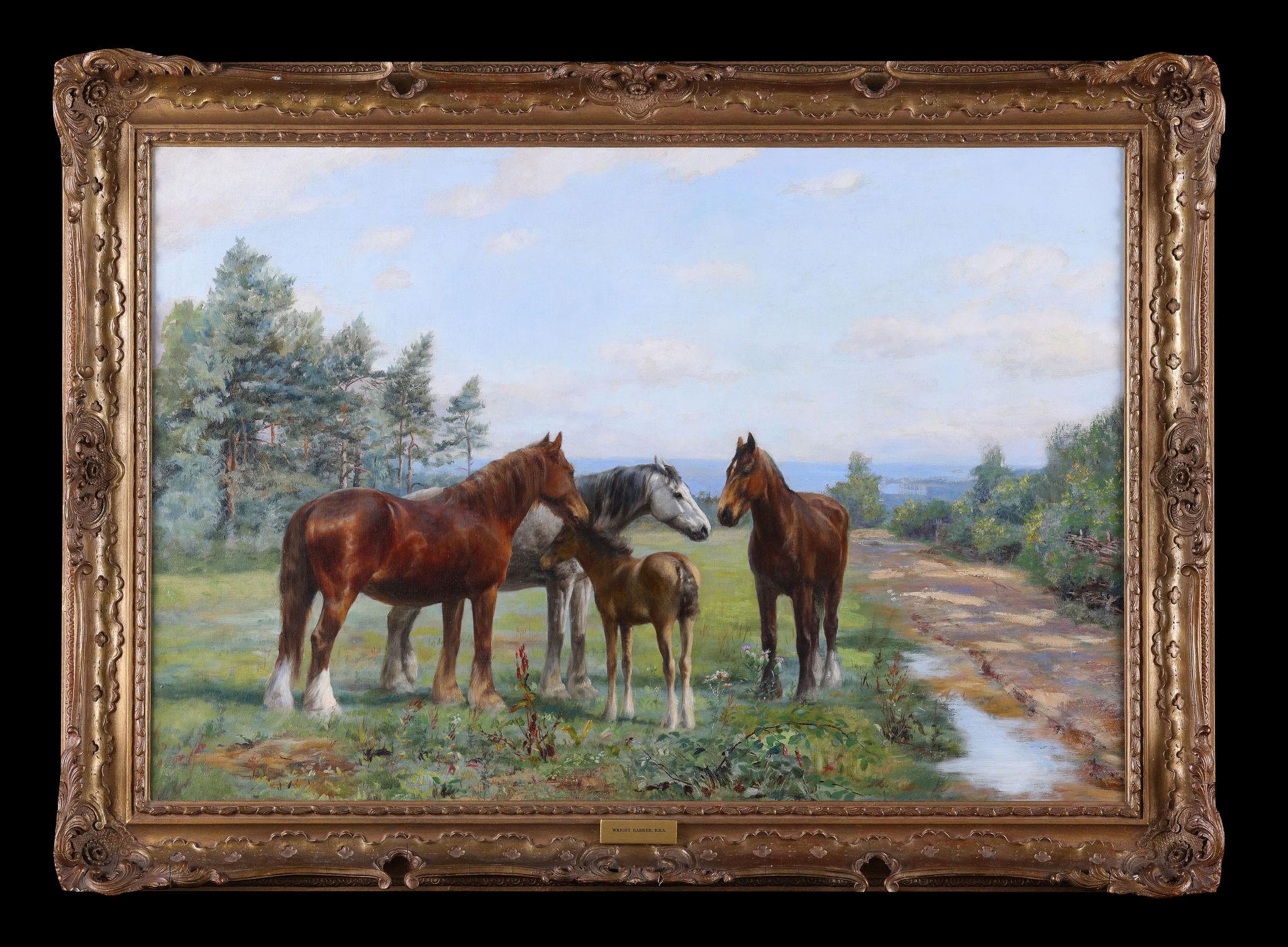 Wright Barker Landscape Painting - Three horses and a Foal
