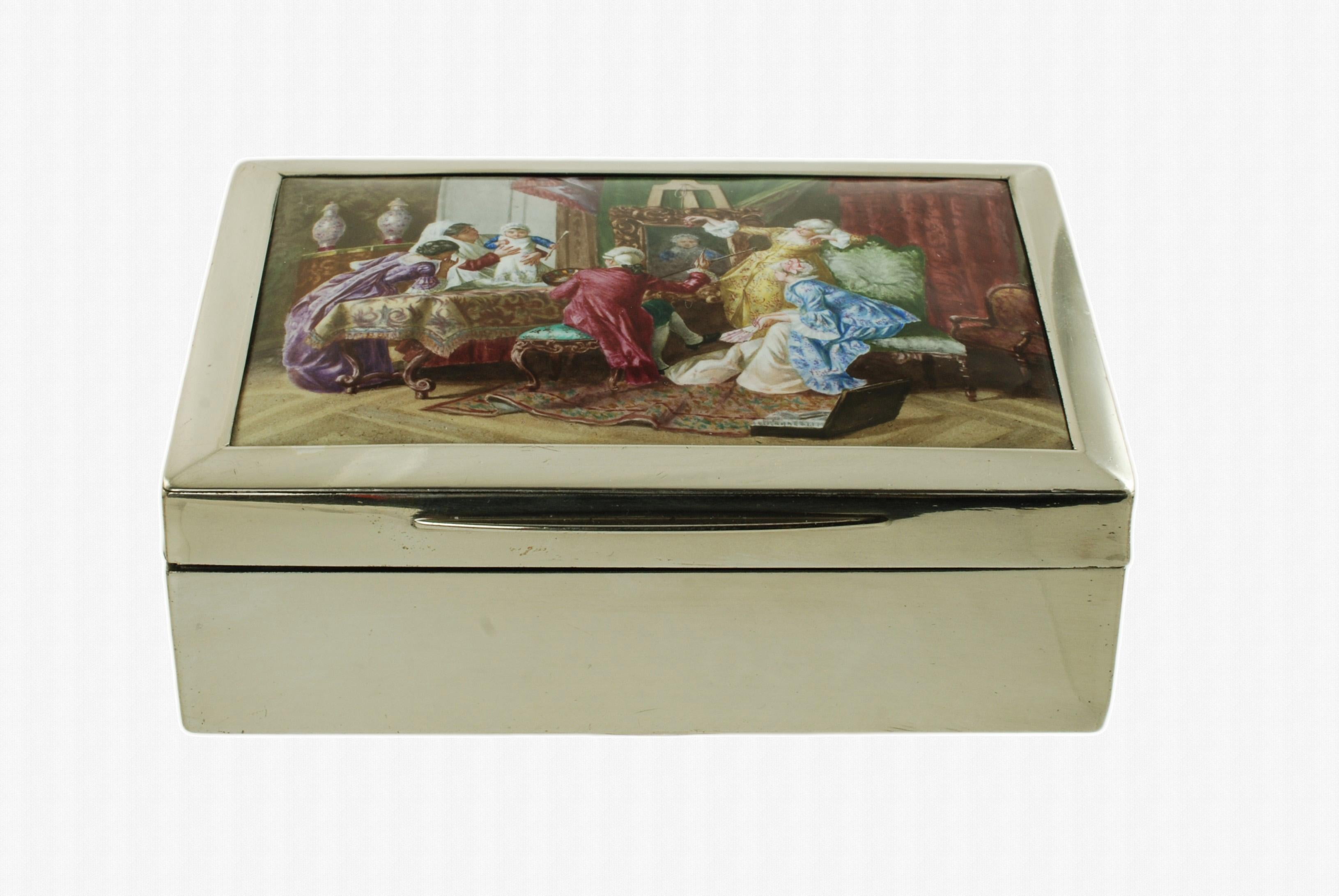 Hand-Painted Wright & Davies Sterling Silver Box Hand Painted Enamel Plaque with Genre Scene For Sale
