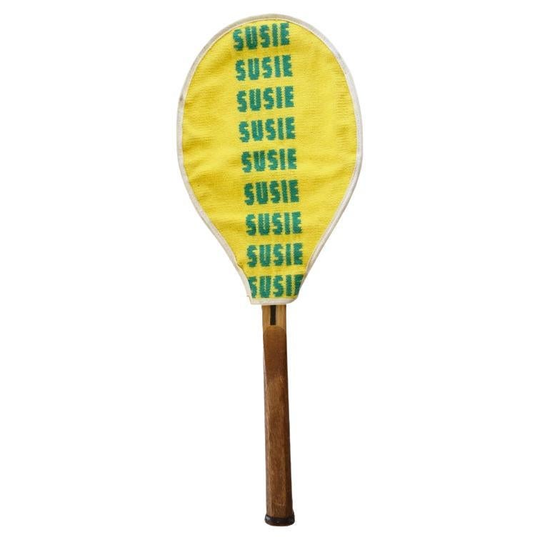 Wright & Ditson Antique Tennis Racket and Embroidered Yellow Cover "Susie" For Sale