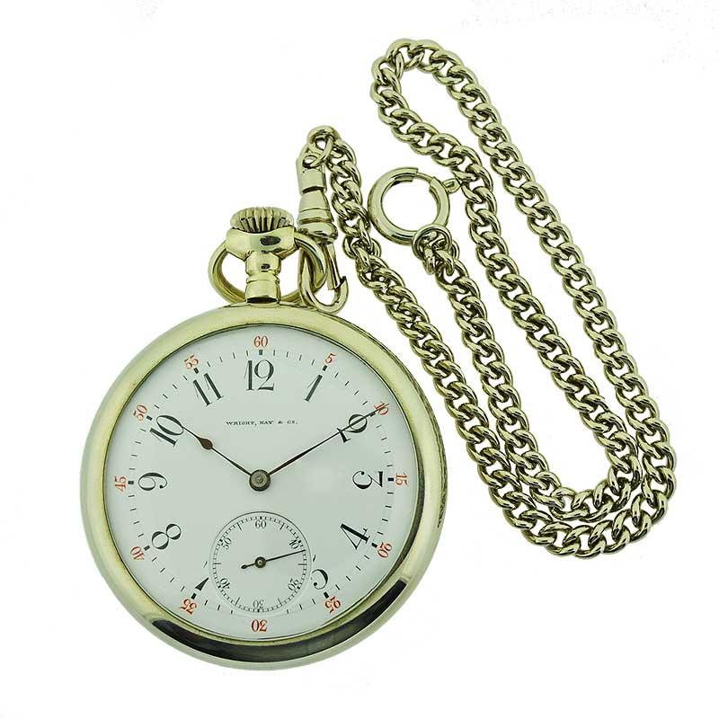 FACTORY / HOUSE: Agassiz Watch Company for Wright Kay & Co.
STYLE / REFERENCE: Open Faced Pocket Watch
METAL / MATERIAL: Nickel Silver
CIRCA: 1910
DIMENSIONS: 50mm
MOVEMENT / CALIBER: Manual Stem Winding / 19 Jewels / High Grade / 16 Size
DIAL /