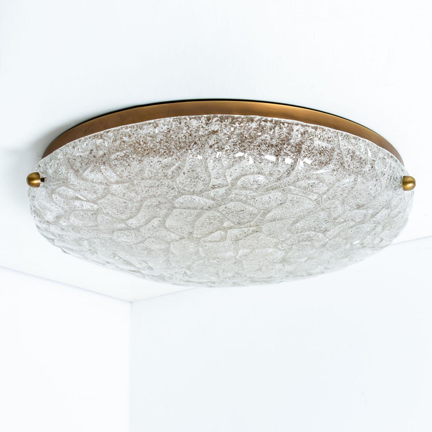 German Wrinkled Glass Flush Brass Mount Wall Light by Hillebrand, 1970 For Sale
