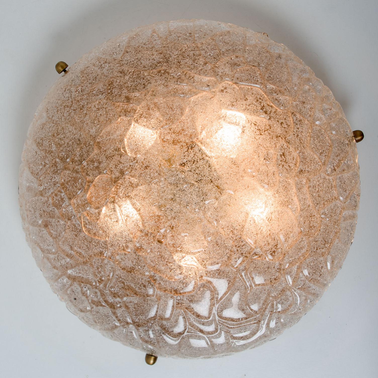20th Century Wrinkled Glass Flush Brass Mount Wall Light by Hillebrand, 1970 For Sale