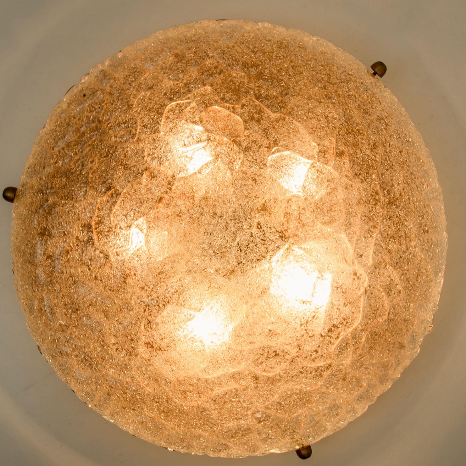 Wrinkled Glass Flush Brass Mount Wall Light by Hillebrand, 1970 For Sale 2