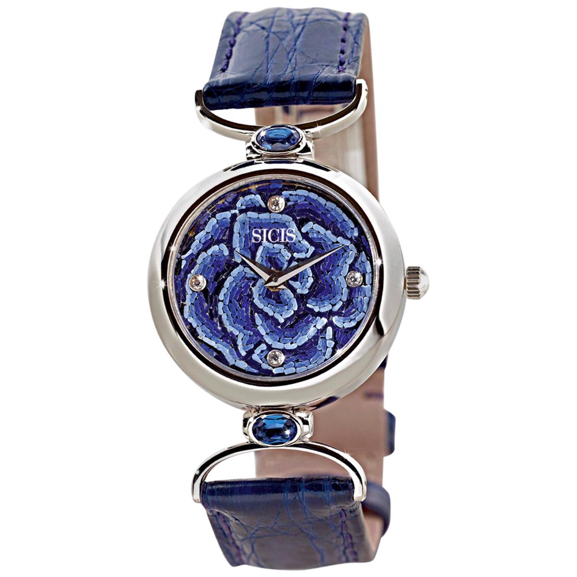Wristwatch Gold White Diamond Sapphire Alligator Strap Designed by Roger Thomas For Sale