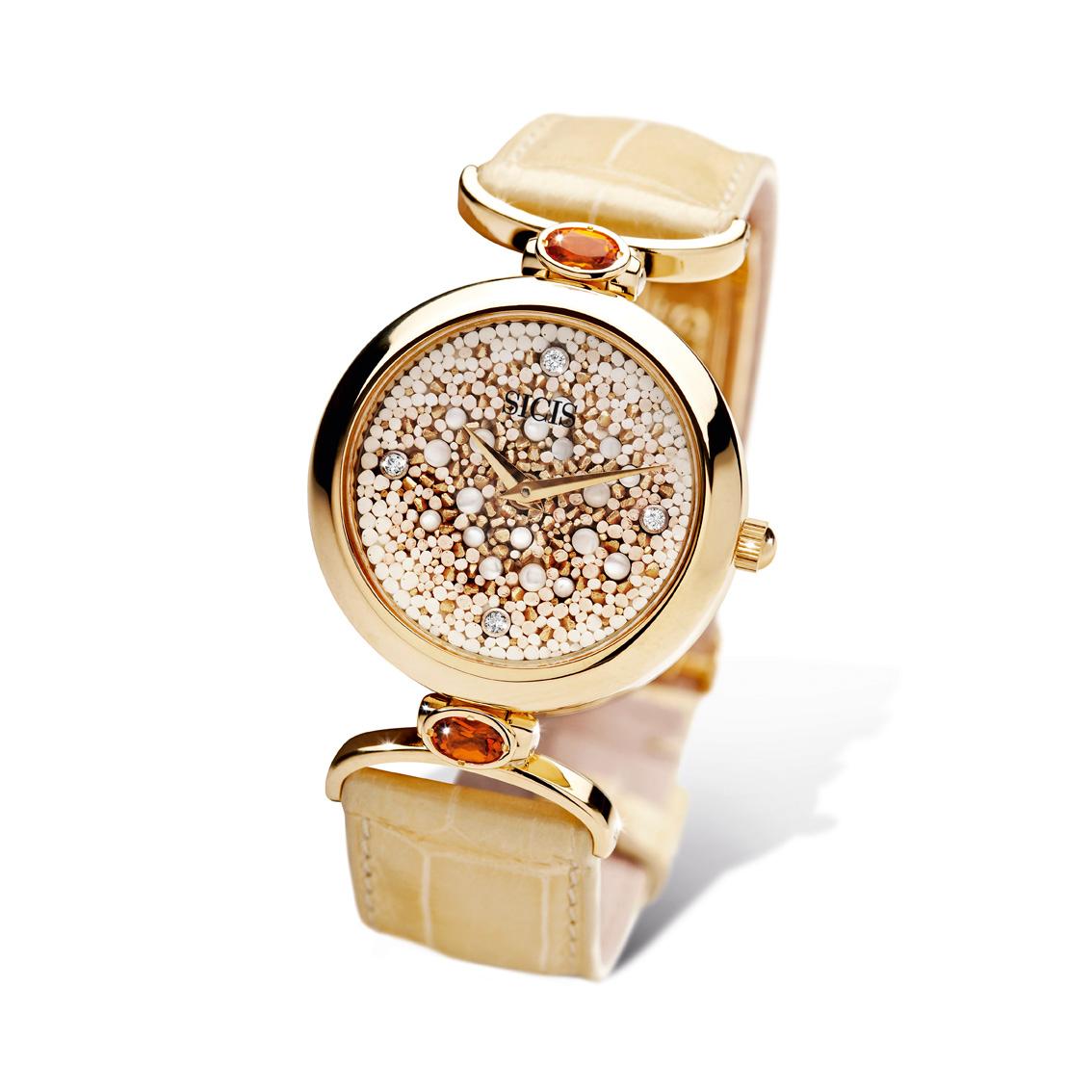 Modern Wristwatch Gold White Diamonds Quart Alligator Strap Designed by Roger Thomas For Sale