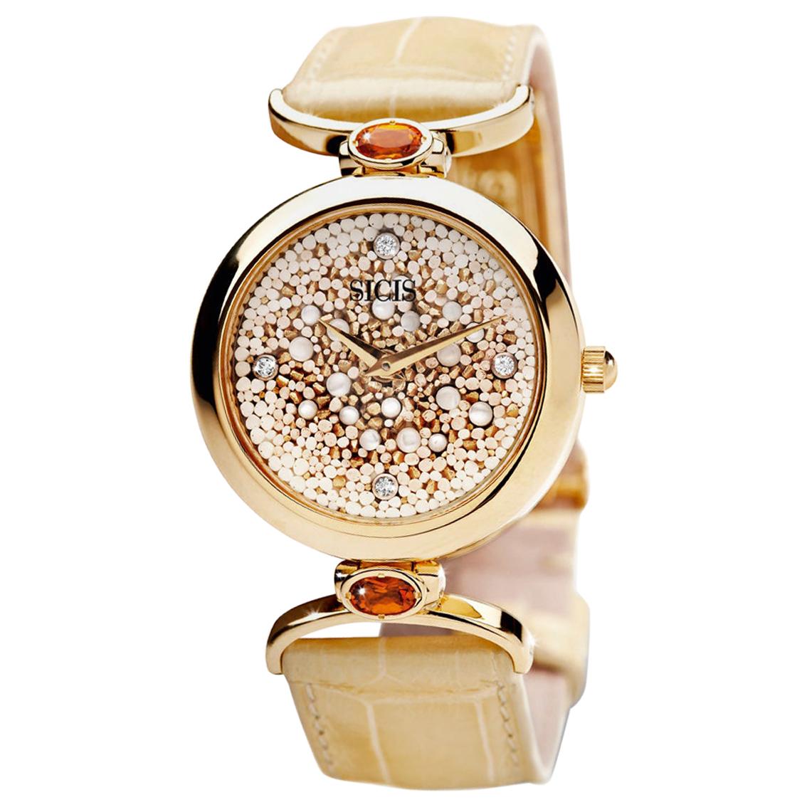 Montre-bracelet en or avec bracelet en quart d'alligator et diamants blancs, conçue par Roger Thomas