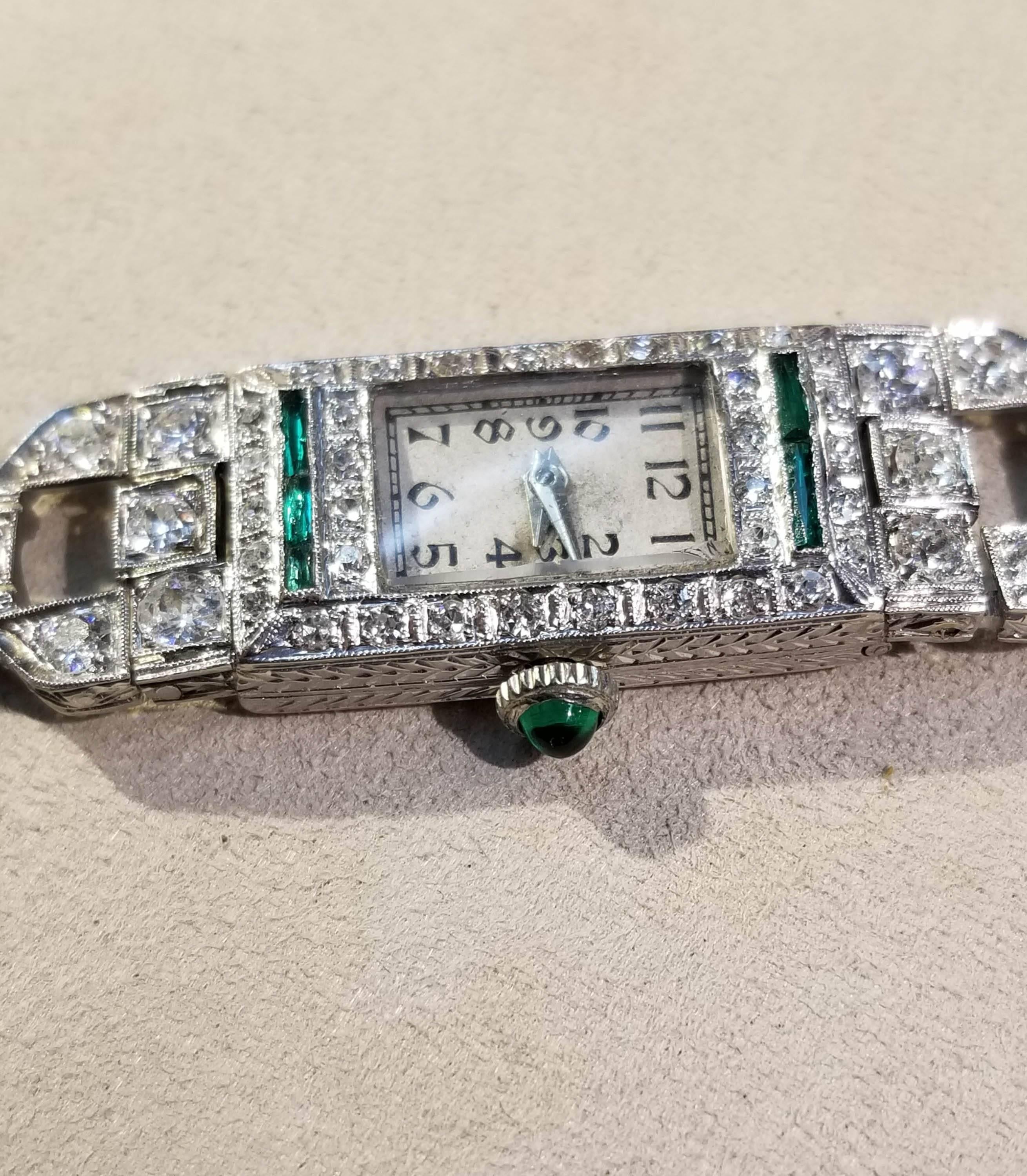 Wristwatch, Platinum, Diamond and Emerald, Art Deco, circa 1920s In Excellent Condition For Sale In Santa Fe, NM