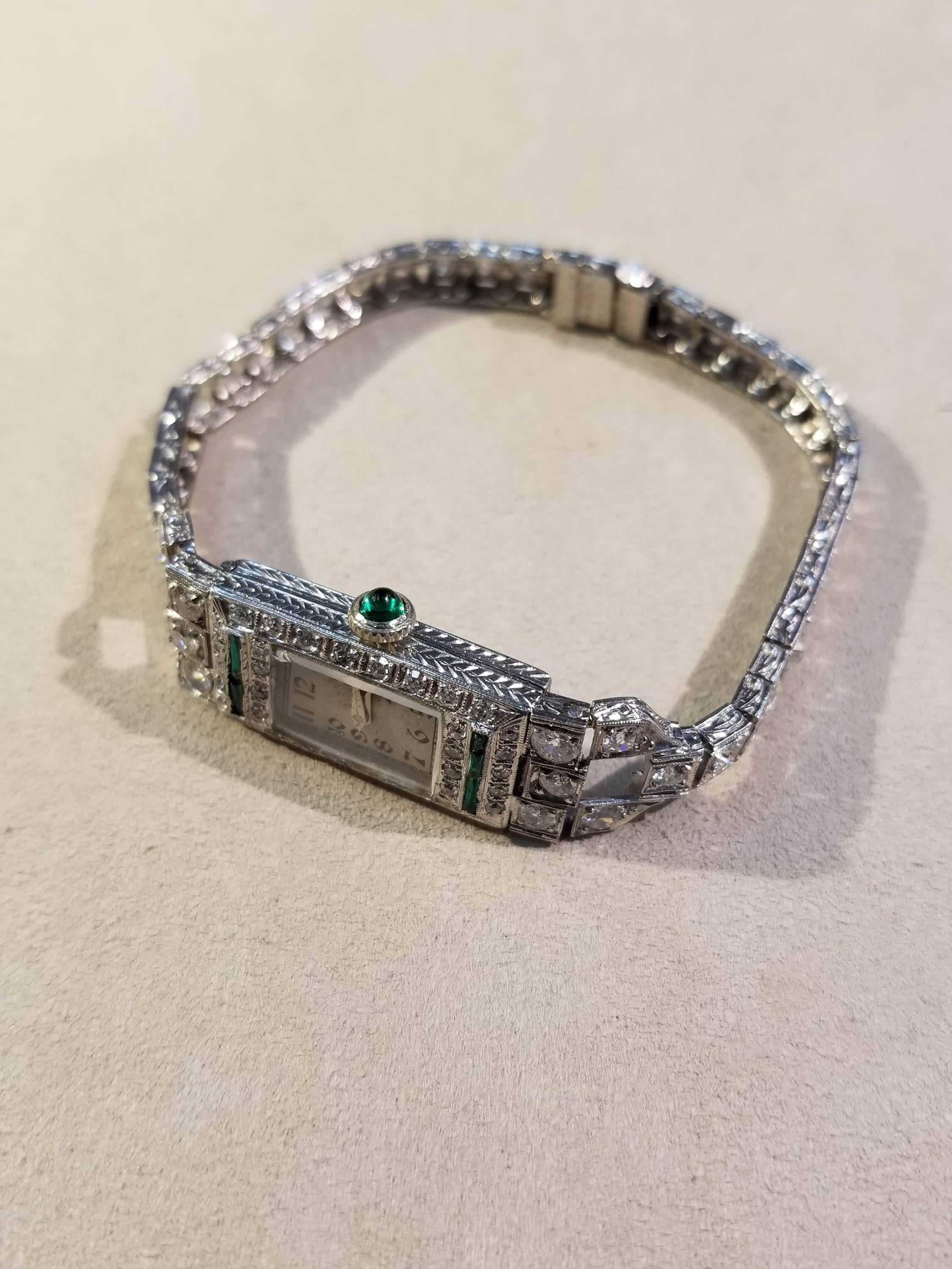 Women's Wristwatch, Platinum, Diamond and Emerald, Art Deco, circa 1920s For Sale