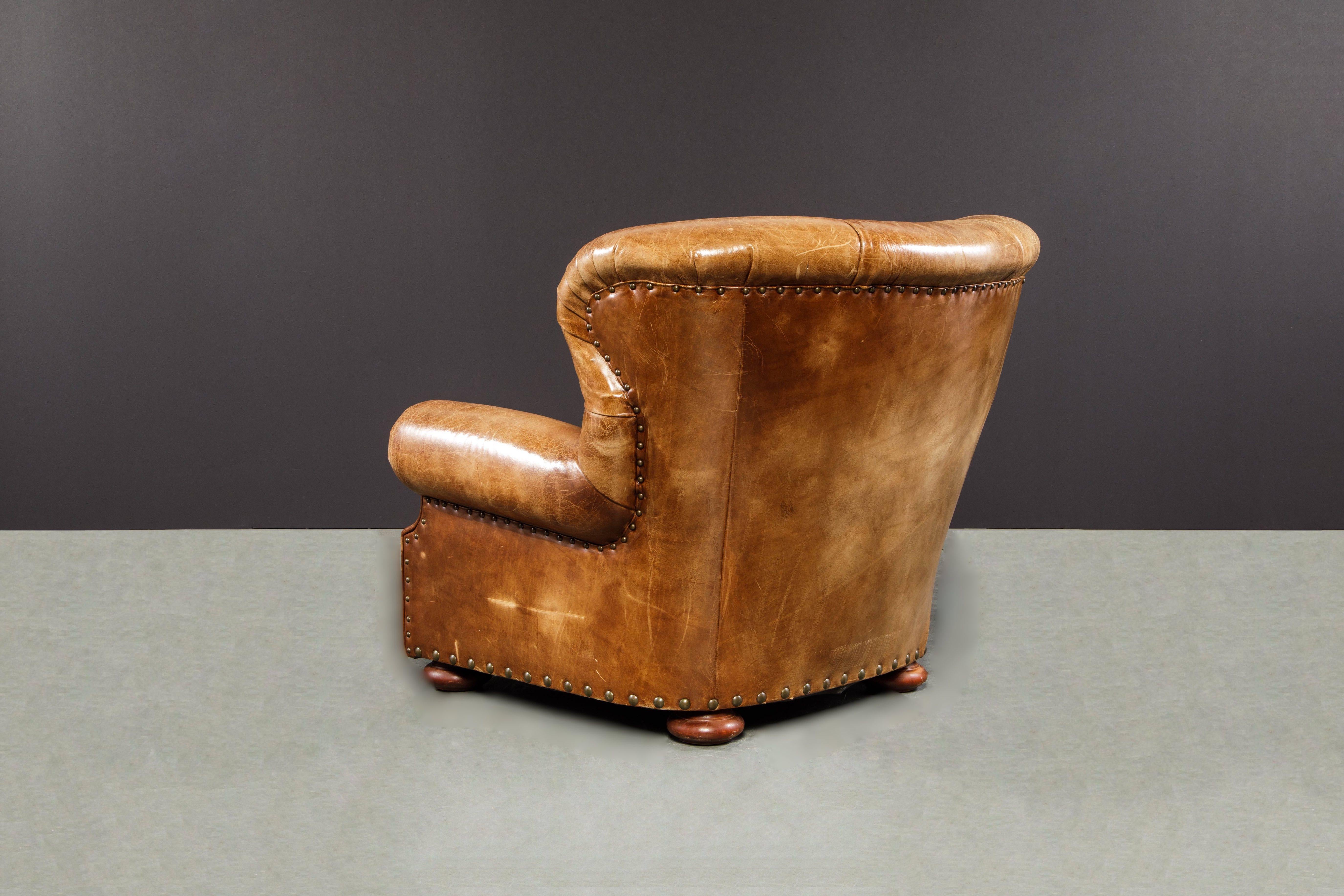 Writer's Chair and Ottoman by Henredon in Thick Heavy Patinated Leather, Signed 1