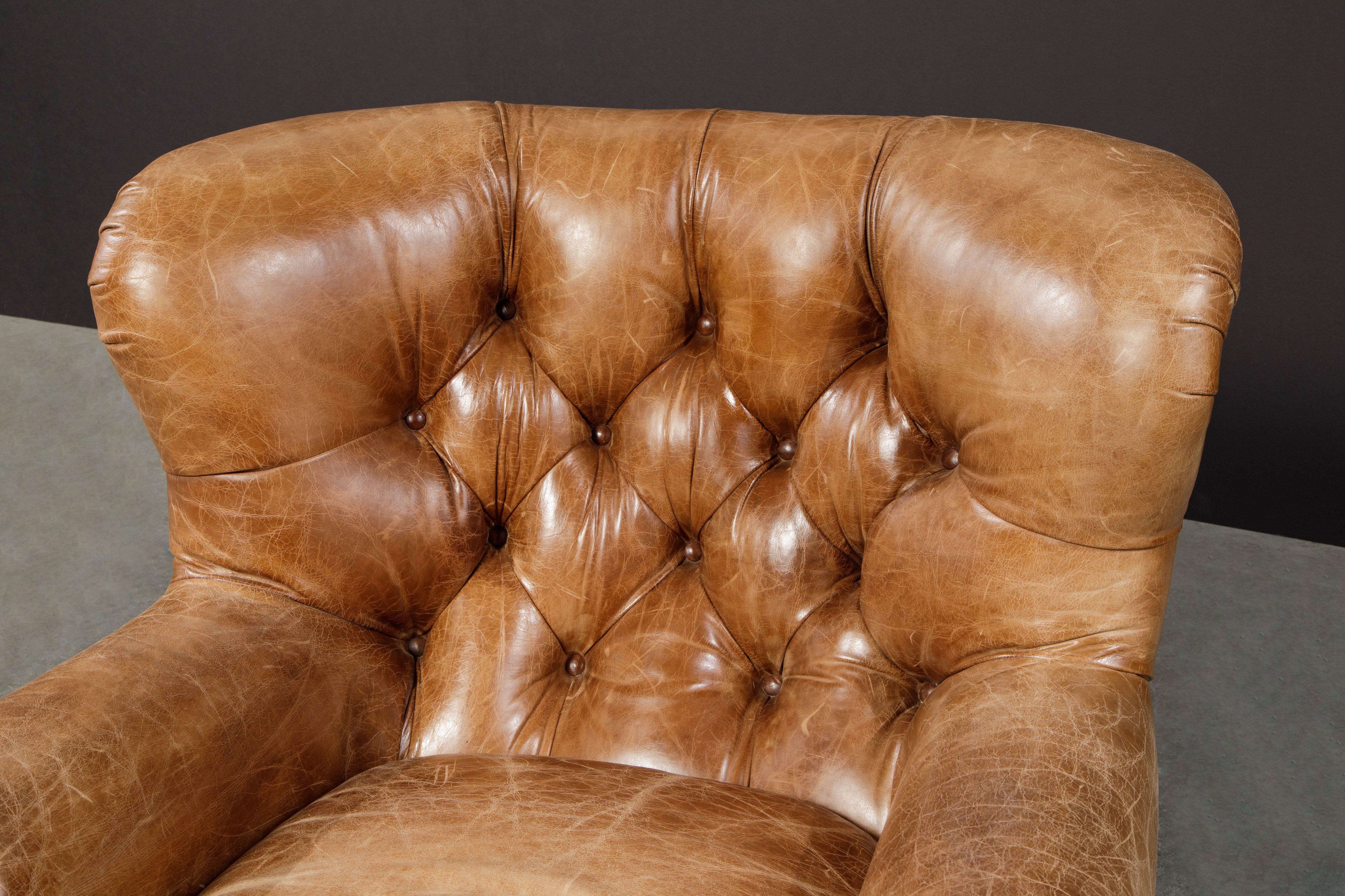 Writer's Chair and Ottoman by Henredon in Thick Heavy Patinated Leather, Signed 3