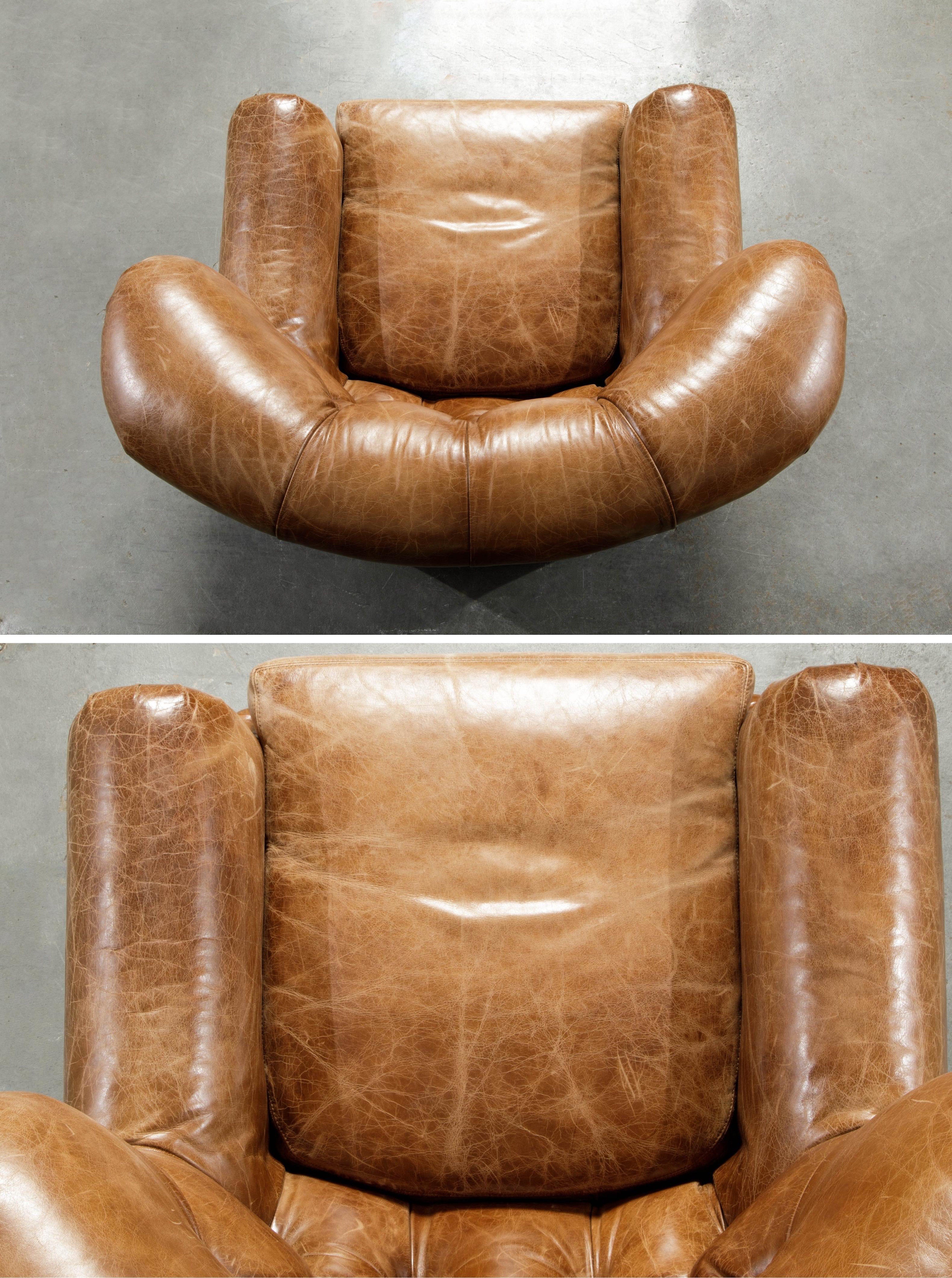 Writer's Chair and Ottoman by Henredon in Thick Heavy Patinated Leather, Signed 4