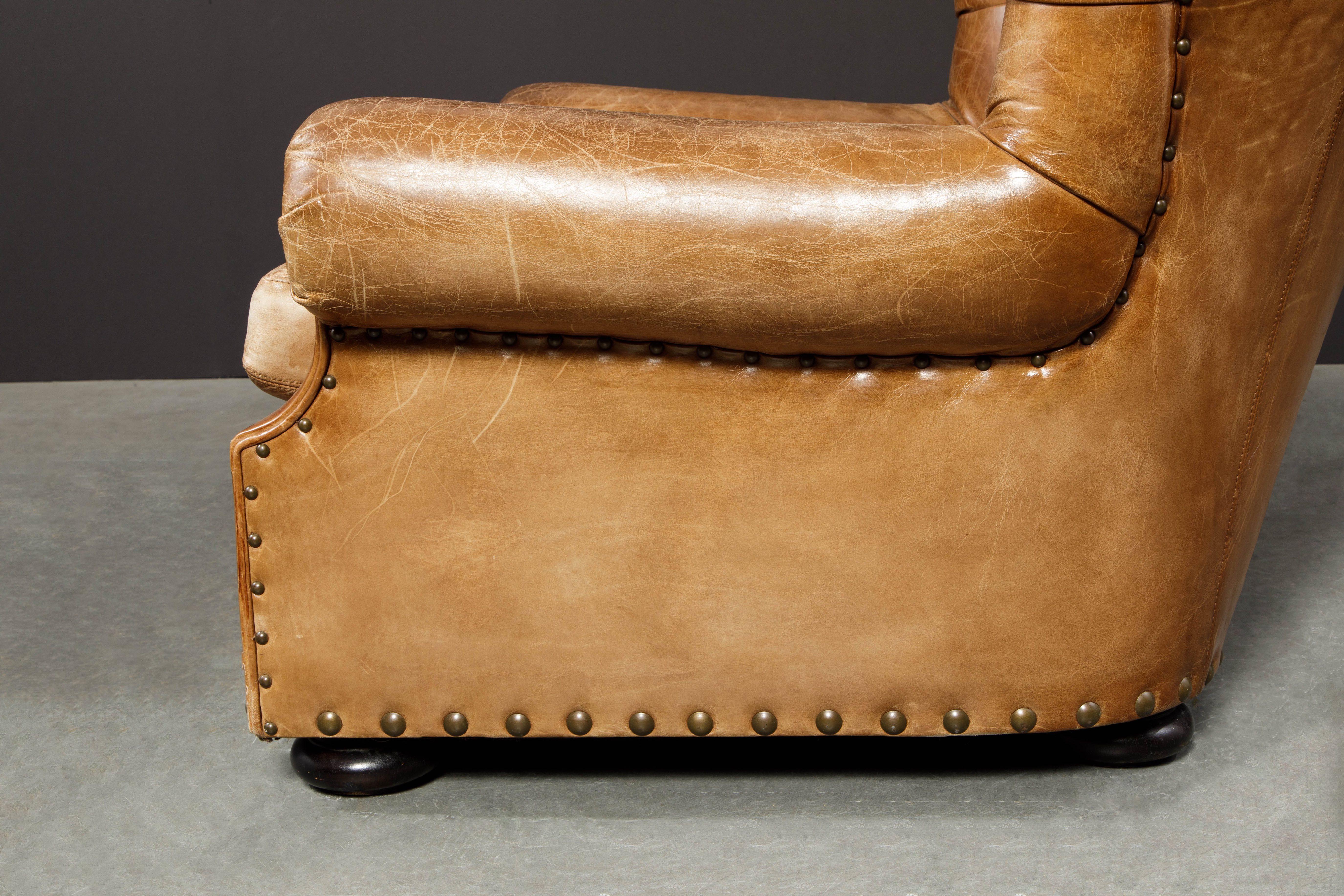 Writer's Chair and Ottoman by Henredon in Thick Heavy Patinated Leather, Signed 5