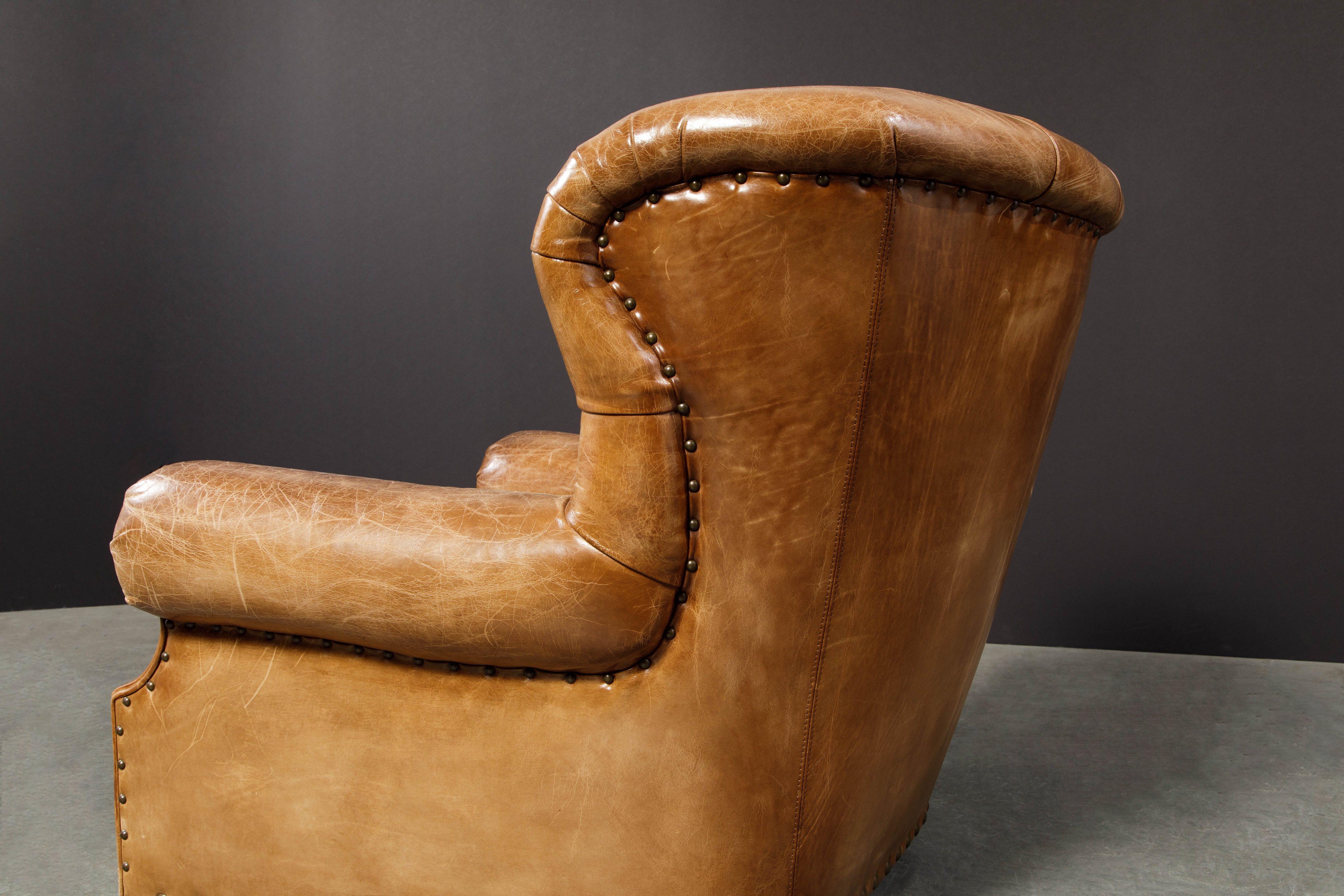 Writer's Chair and Ottoman by Henredon in Thick Heavy Patinated Leather, Signed 6