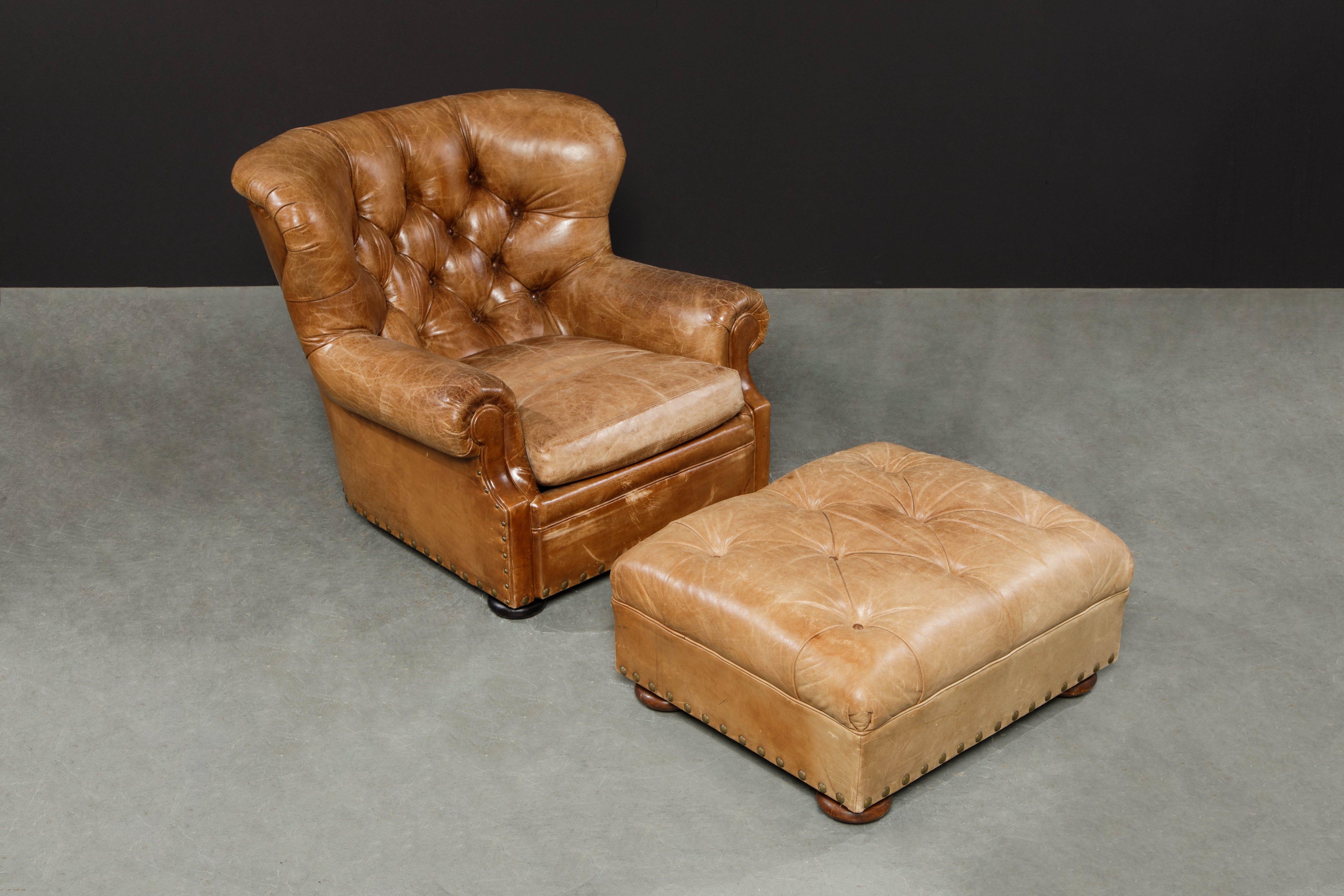 Writer's Chair and Ottoman by Henredon in Thick Heavy Patinated Leather, Signed 8