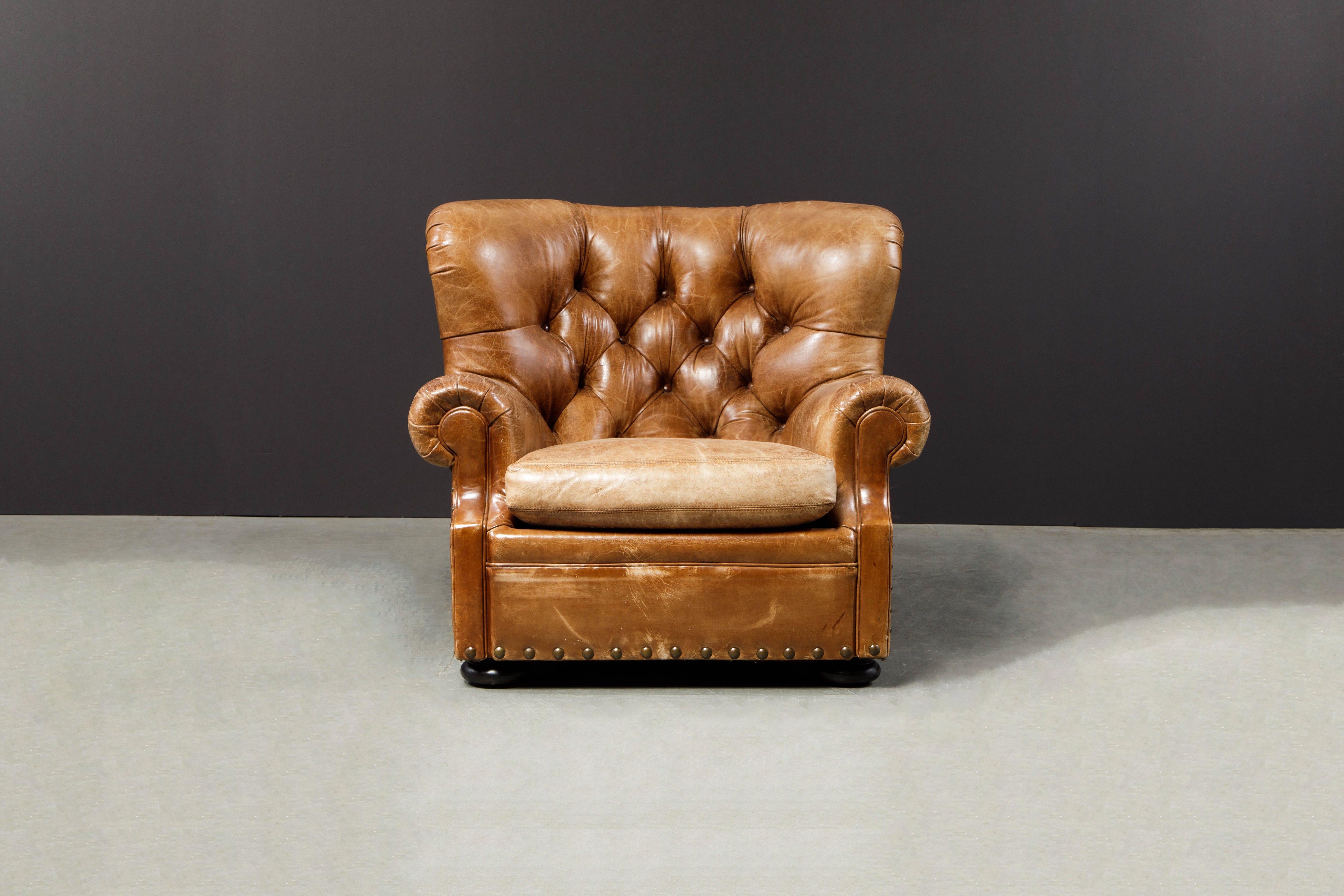 This gorgeous 'Writers' wingback club chair and ottoman by Henredon for Ralph Lauren has such incredible lightly distressed and moderately patinated leather, very thick and quality natural hides were used in it's making. The original Writer's Chairs