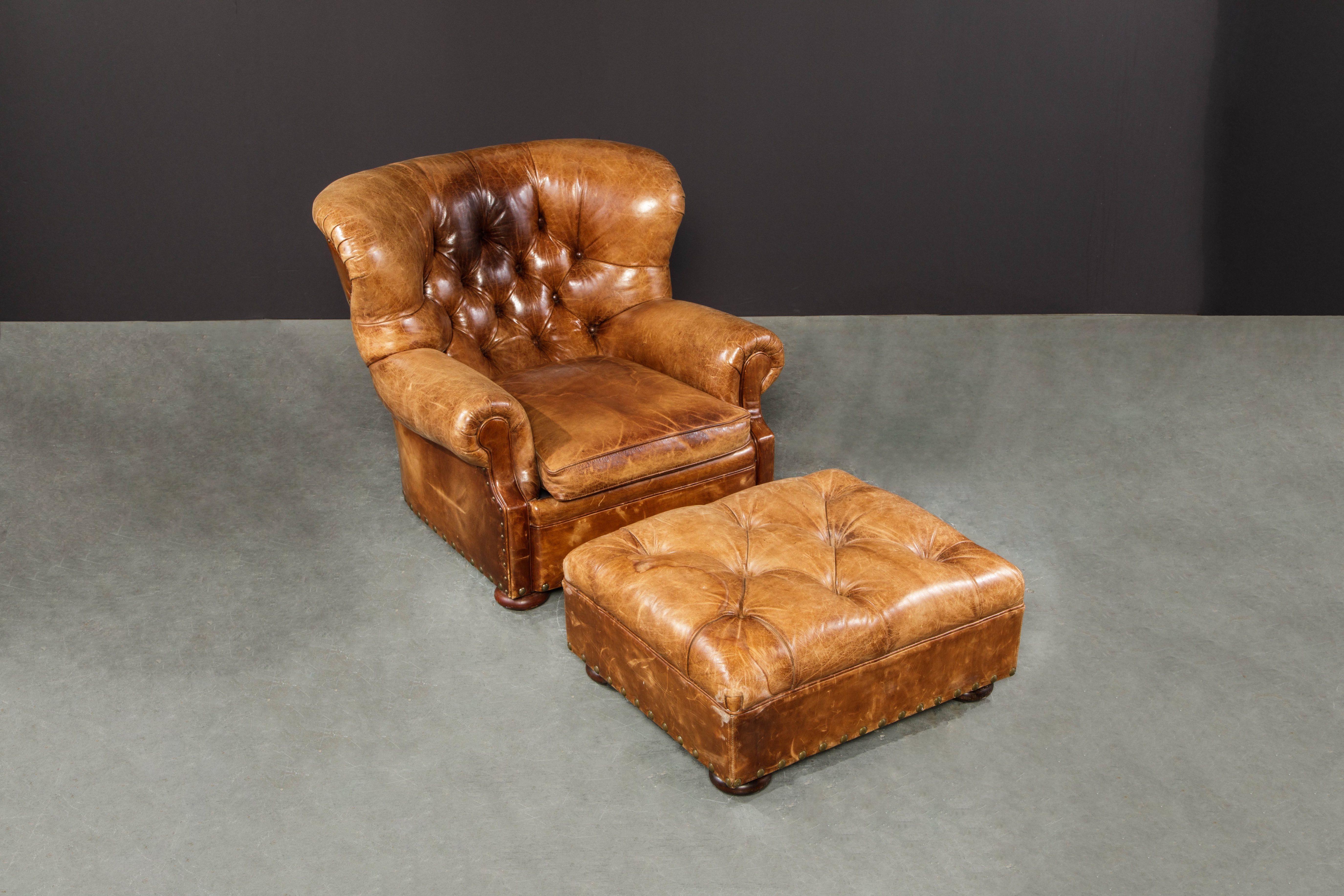 This gorgeous 'Writers' wingback club chair and ottoman by Henredon for Ralph Lauren has such incredible lightly distressed and moderately patinated leather, very thick and quality natural hides were used in its making. The original Writer's Chairs