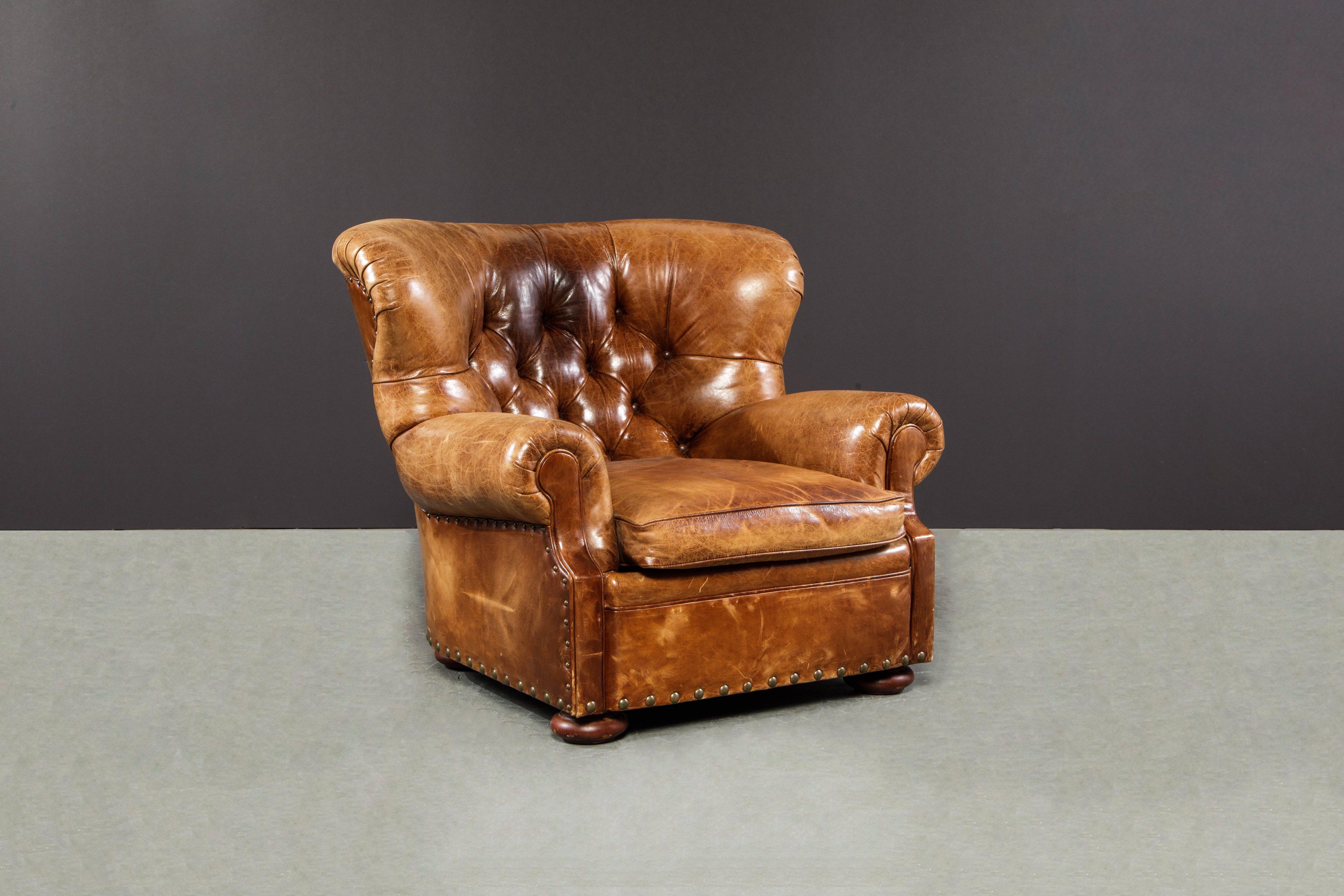Modern Writer's Chair and Ottoman by Henredon in Thick Heavy Patinated Leather, Signed