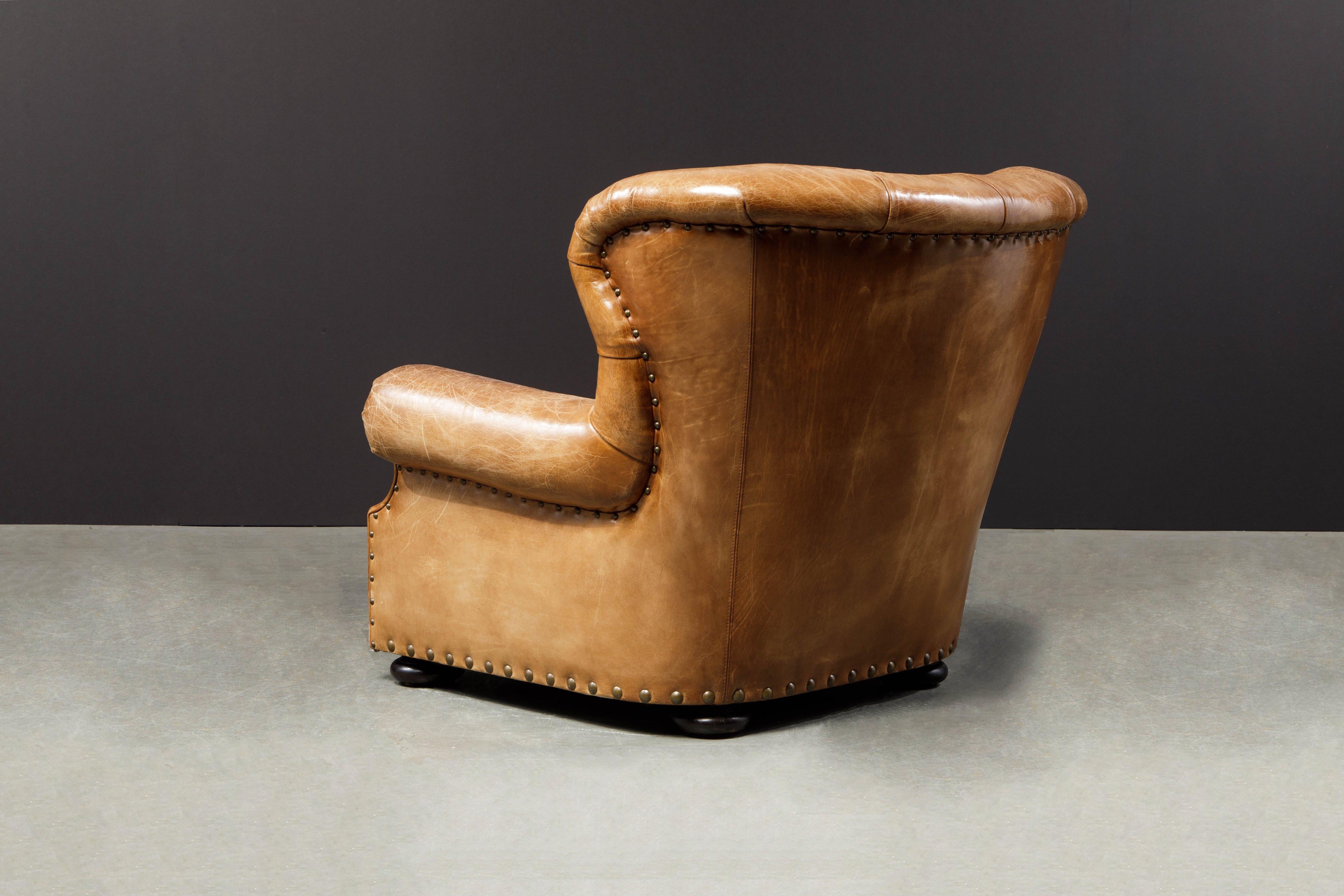 American Writer's Chair and Ottoman by Henredon in Thick Heavy Patinated Leather, Signed