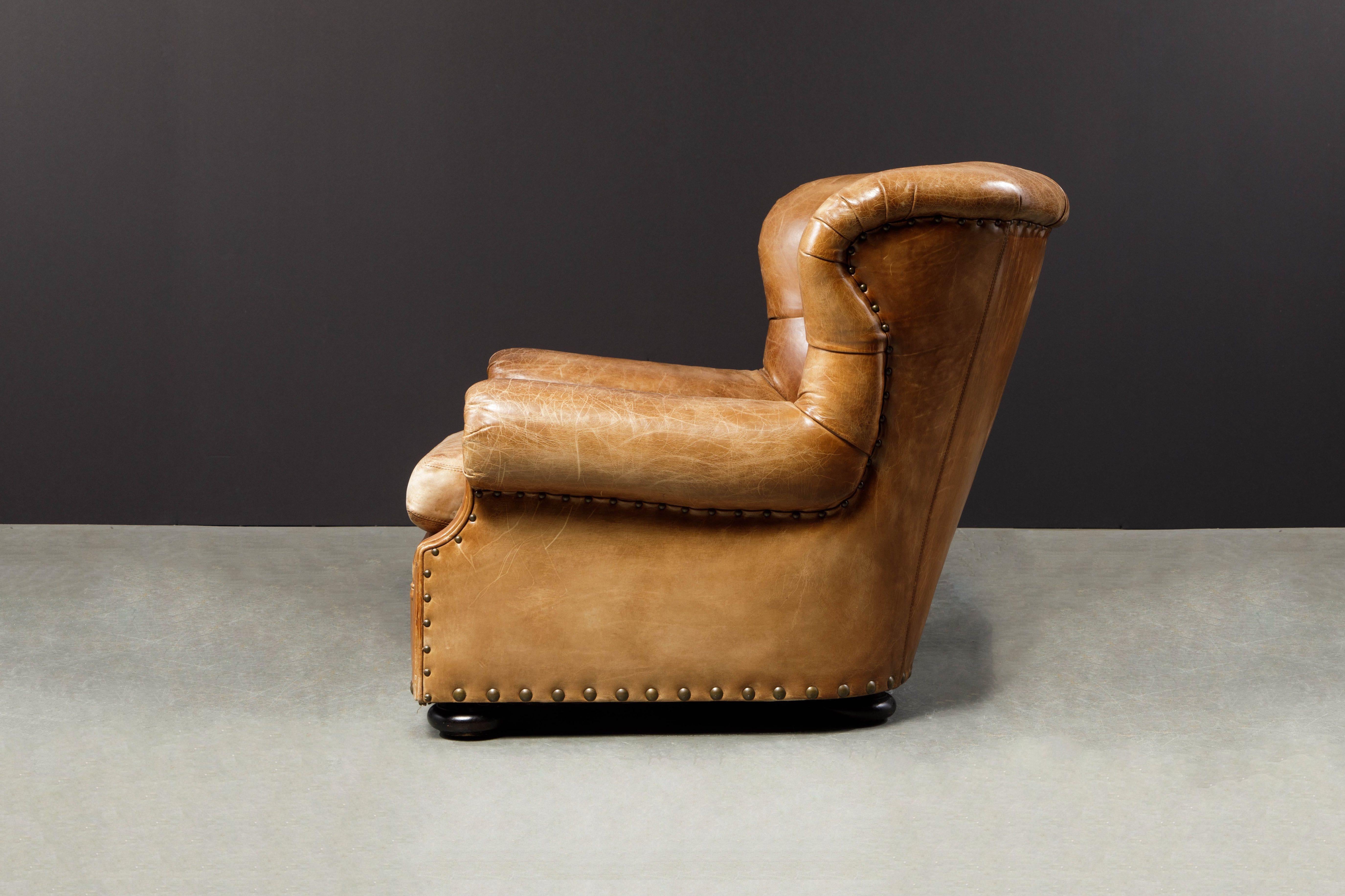 Writer's Chair and Ottoman by Henredon in Thick Heavy Patinated Leather, Signed In Good Condition In Los Angeles, CA