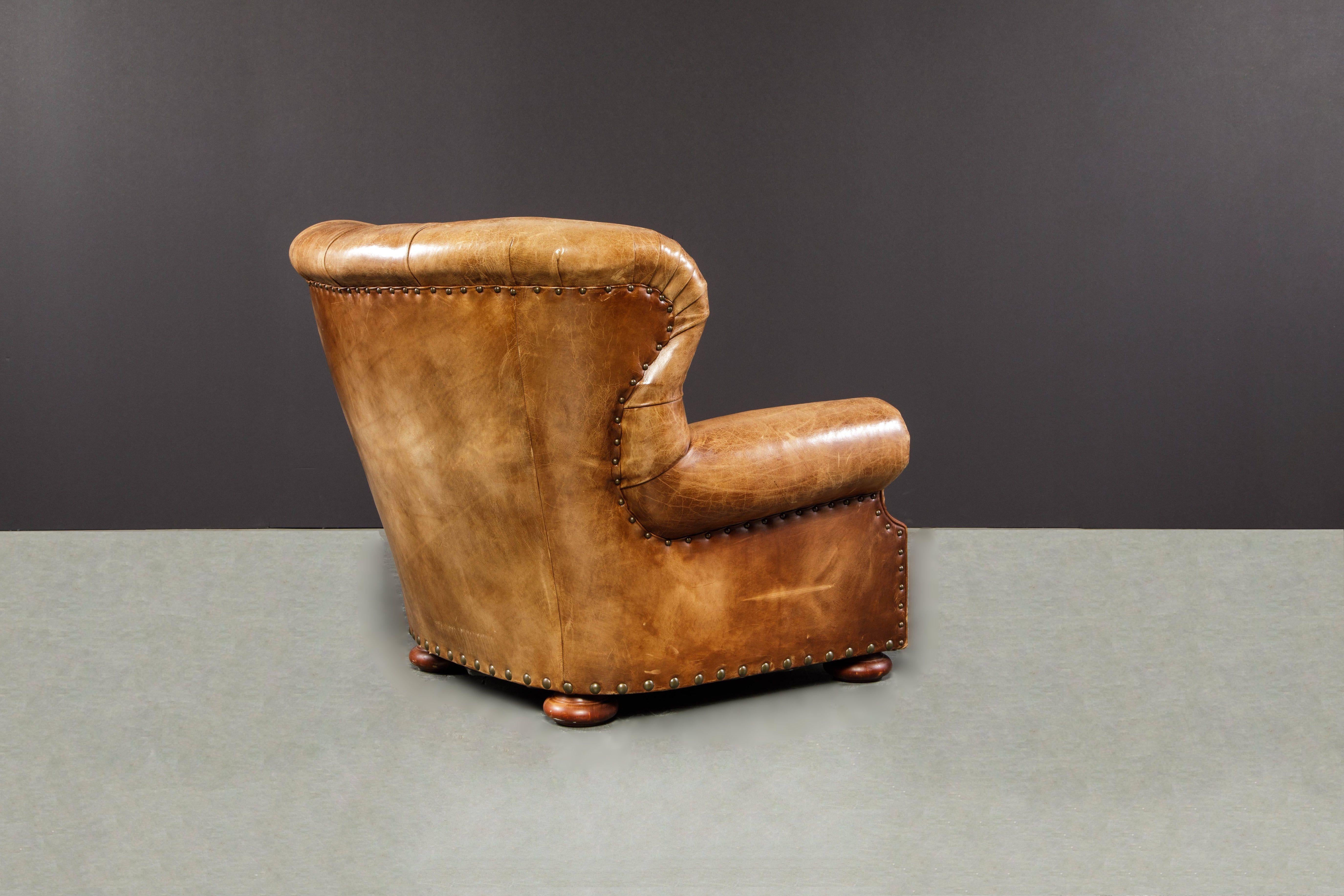 Writer's Chair and Ottoman by Henredon in Thick Heavy Patinated Leather, Signed In Good Condition In Los Angeles, CA