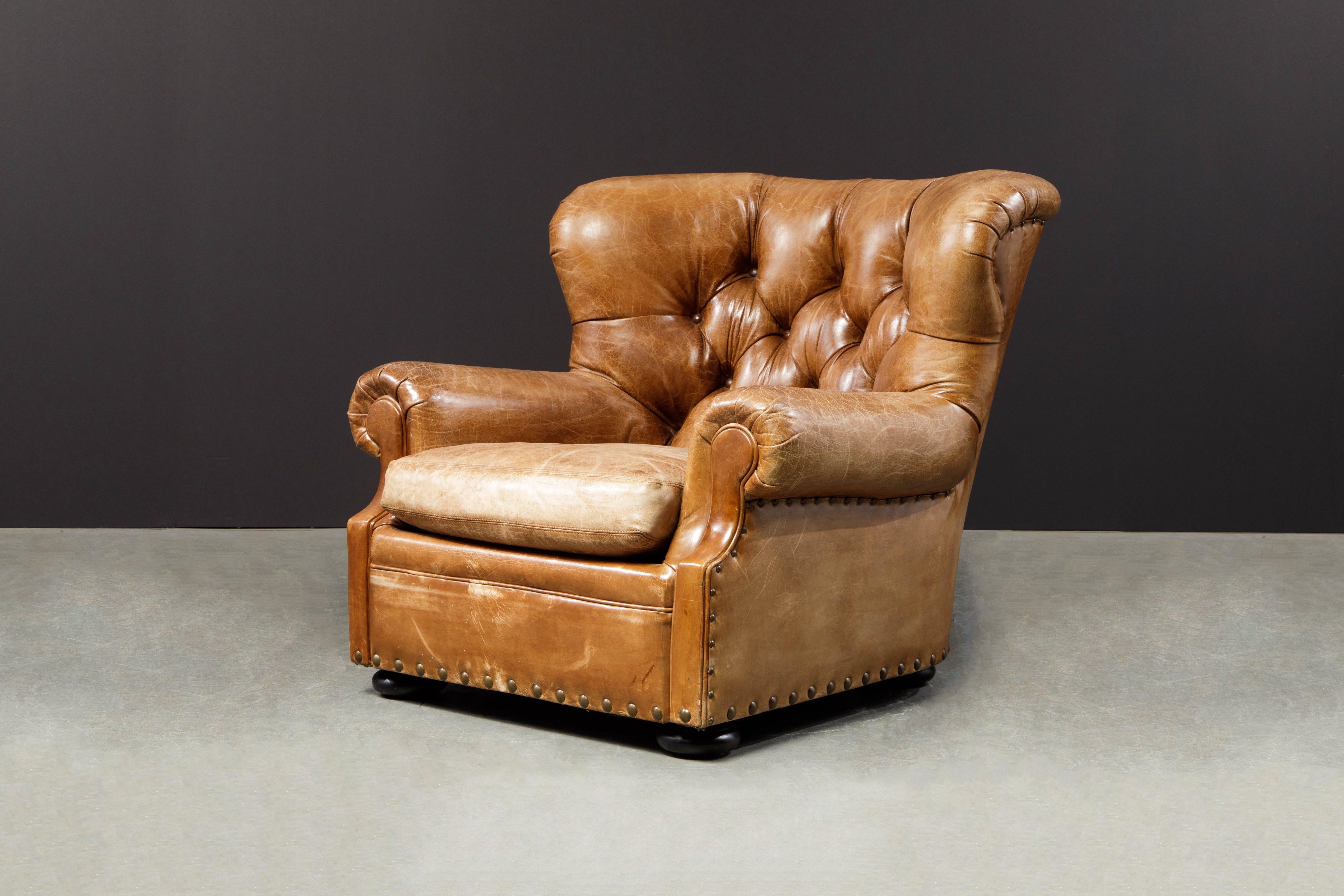 Late 20th Century Writer's Chair and Ottoman by Henredon in Thick Heavy Patinated Leather, Signed