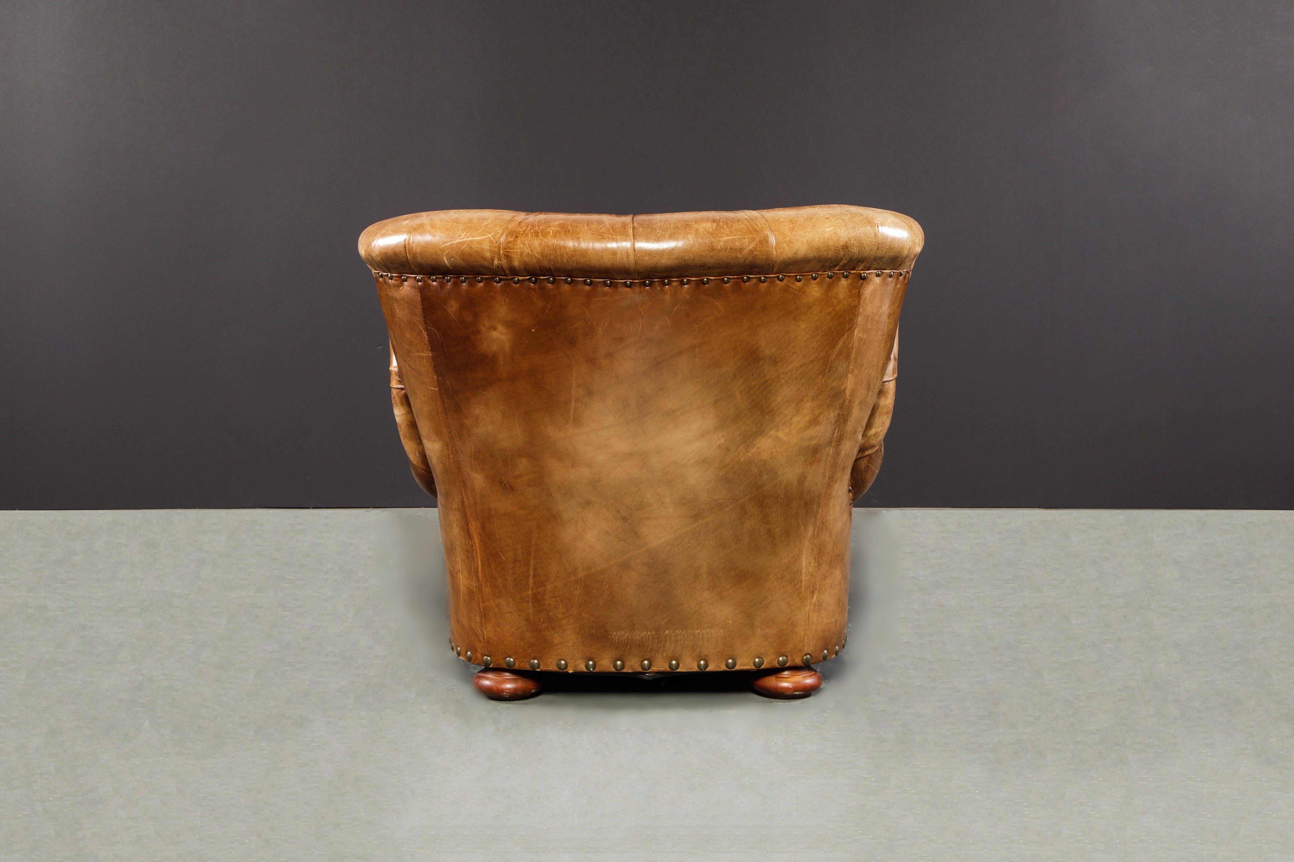 Late 20th Century Writer's Chair and Ottoman by Henredon in Thick Heavy Patinated Leather, Signed