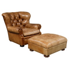 Writer's Chair and Ottoman by Henredon in Thick Heavy Patinated Leather, Signed