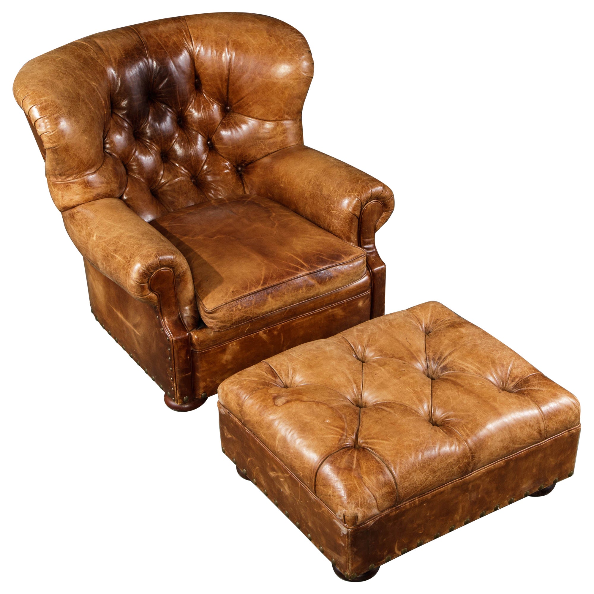 Writer's Chair and Ottoman by Henredon in Thick Heavy Patinated Leather, Signed