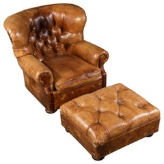 Writer's Chair and Ottoman by Henredon in Thick Heavy Patinated Leather, Signed