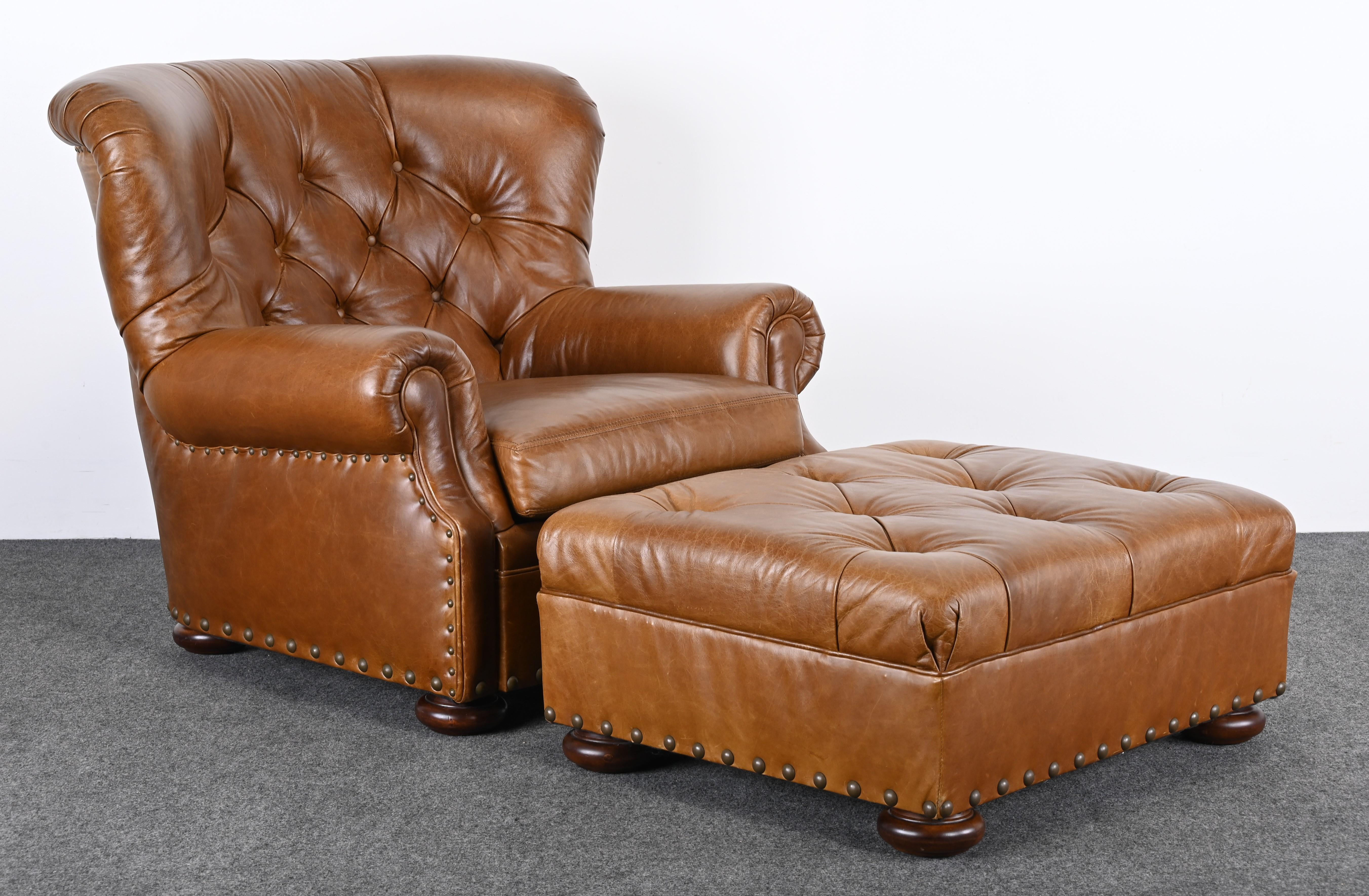 A Writers Chair and Ottoman by Ralph Lauren with beautiful patinated authentic leather and wooden bun feet. The handsome buttoned and tufted back adds great design detail. This remarkable chair is one of the most sought-after Ralph Lauren chairs on