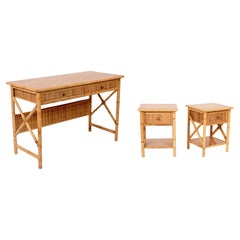 Writing desk and two nightstands with drawers in bamboo, ash and rattan, 1980s