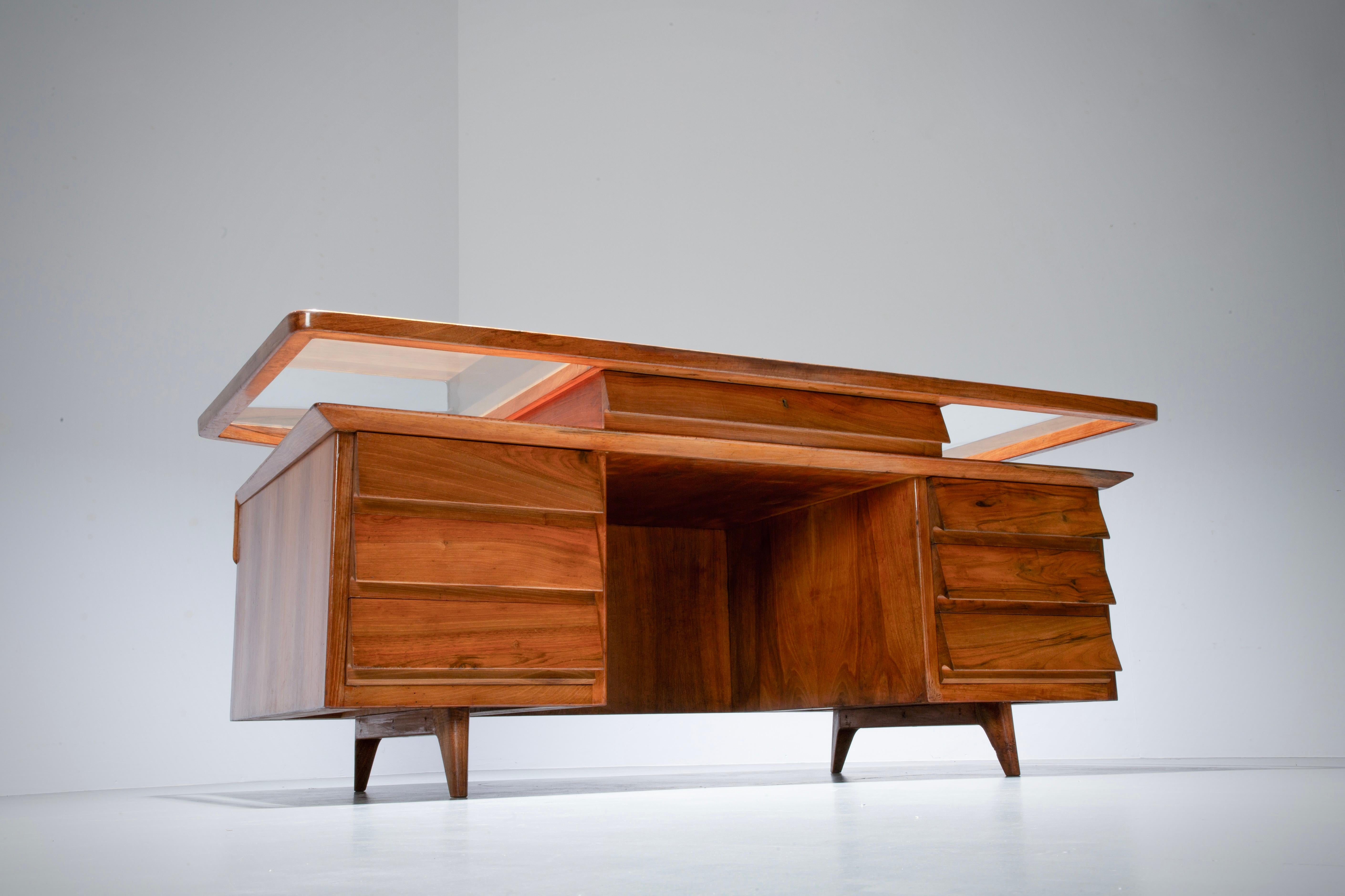 Italian Writing Desk by Silvio Cavatorta in Solid Walnut and Glass, Italy, 1950's For Sale