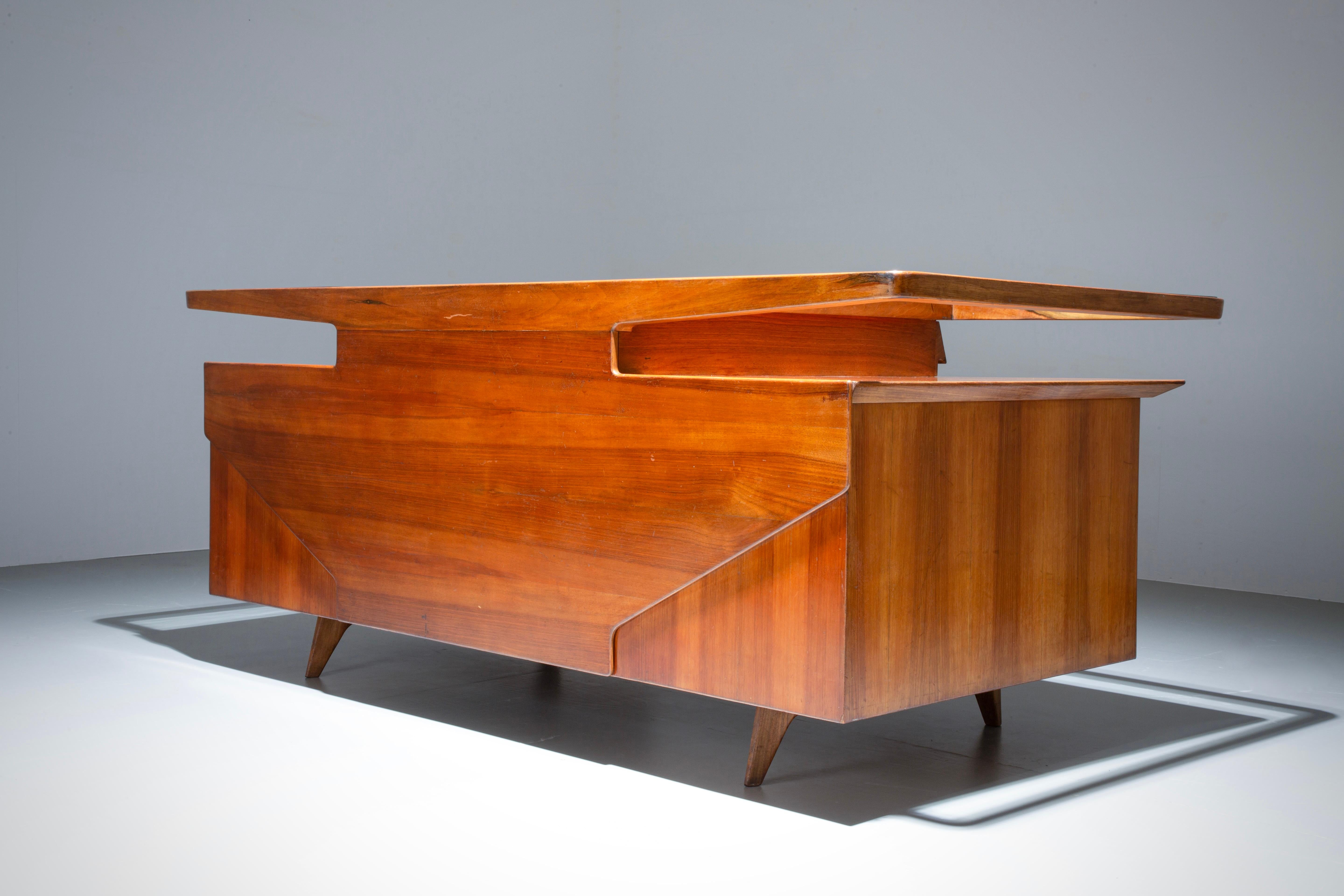 Mid-20th Century Writing Desk by Silvio Cavatorta in Solid Walnut and Glass, Italy, 1950's For Sale