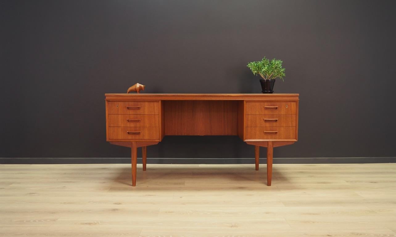 Fantastic writing desk, Danish design from the 1960s-1970s. The whole veneered with teak. The furniture has six capacious drawers. The bookshelf at the back. No key in the set. Preserved in good condition (small bruises and scratches, filled veneer