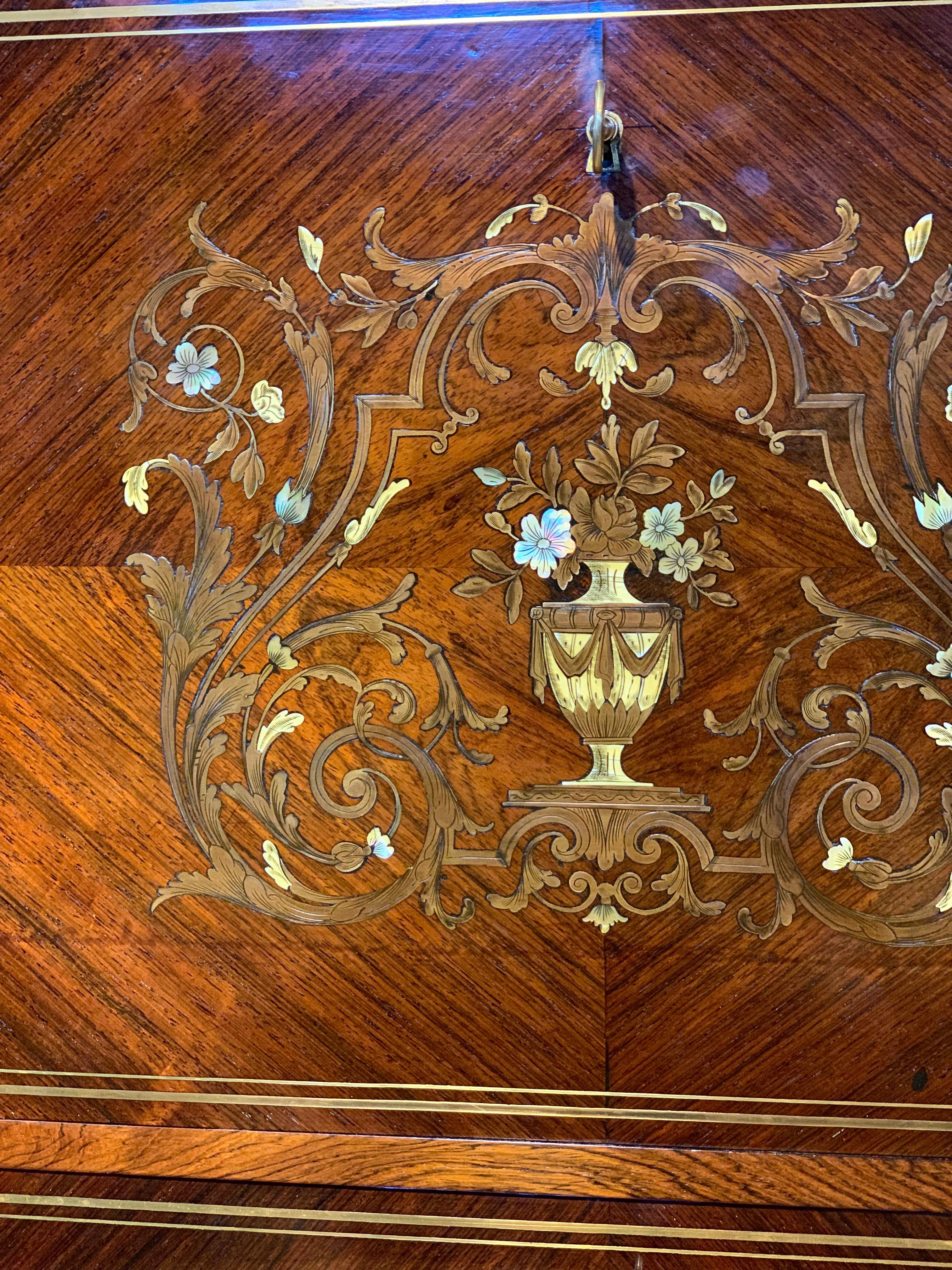 Very good quality Napoleon III brass inlaid writing desk 

This piece is French dating to circa 1870s, the brass inlay is stunning with chased decoration highlighted with mother of pearl and ivorine, nice brass stringing and mouldings .. 

This