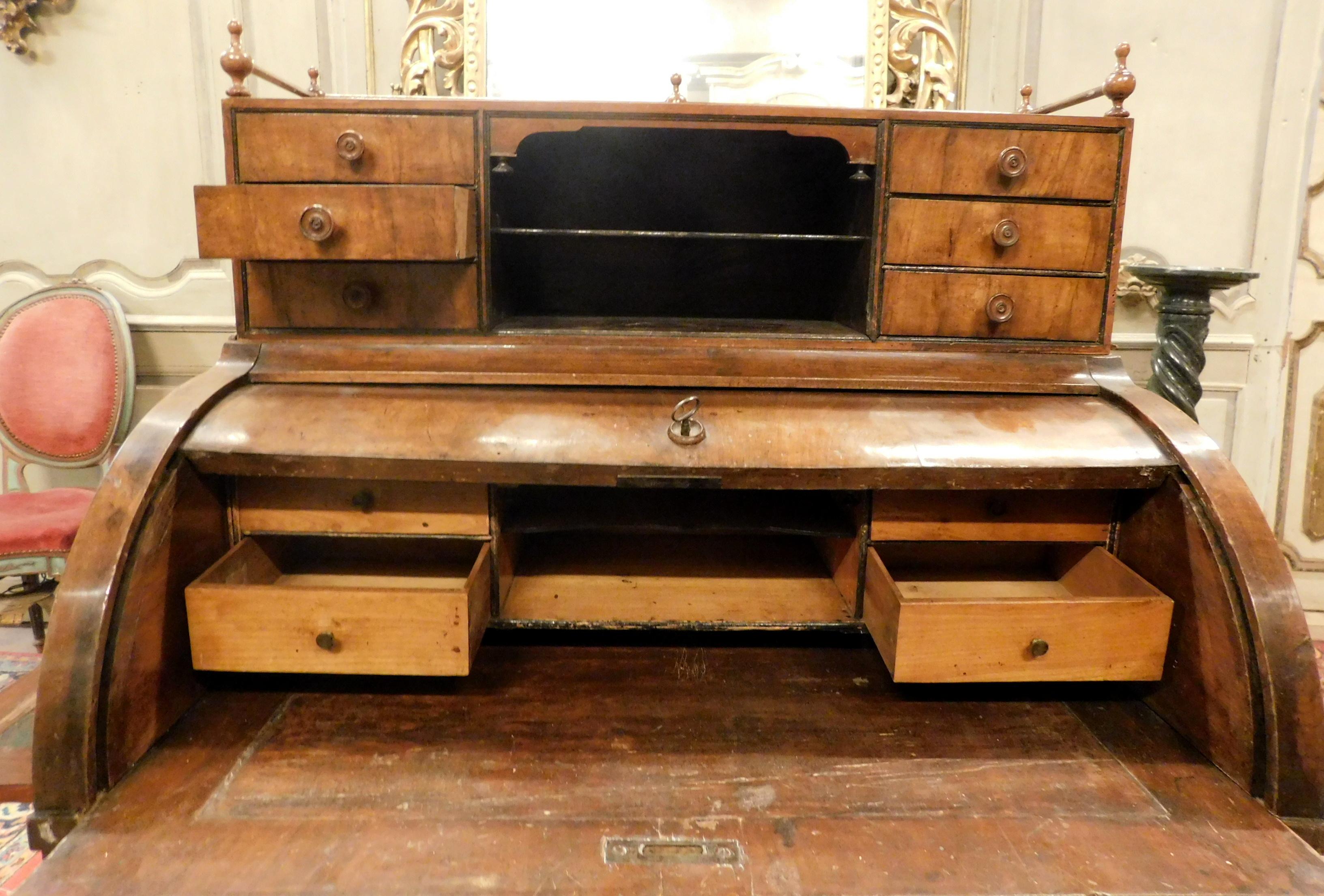 Hand-Carved Writing Desk Table in Walnut, Drawers and Pull-Out Shelves, 19th Century Italy For Sale