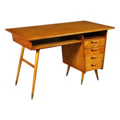 Used Writing Desk Veneered Wood Solid Fruitwood Brass Beech Argentina 1950s